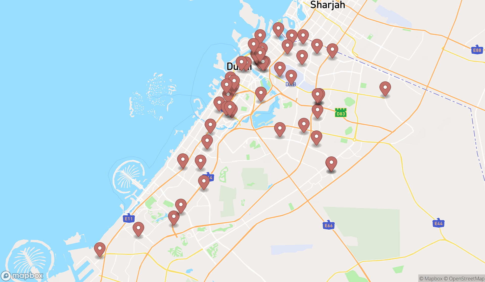 Map showing the search results in Dubai