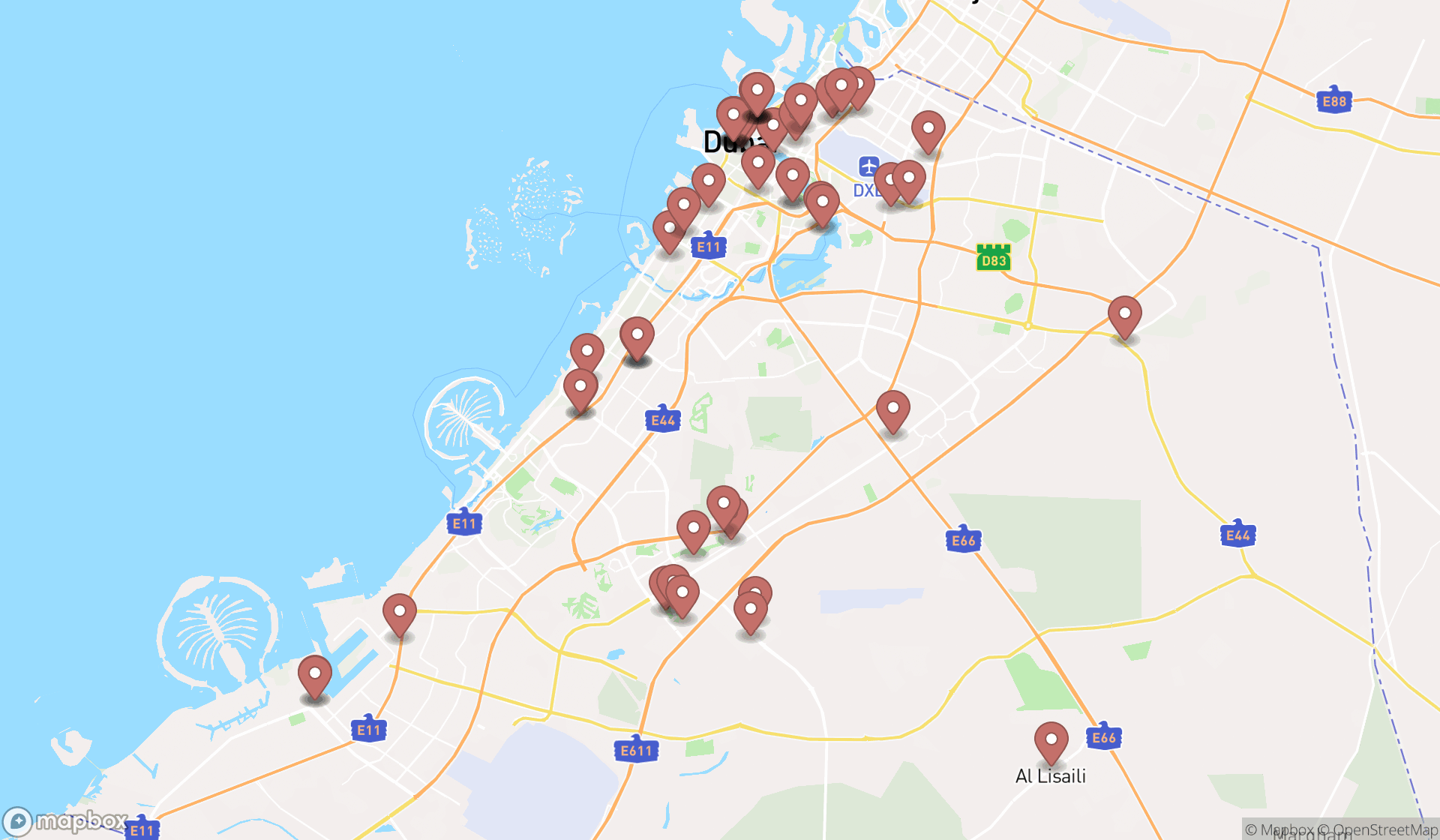 Map showing the search results in Dubai