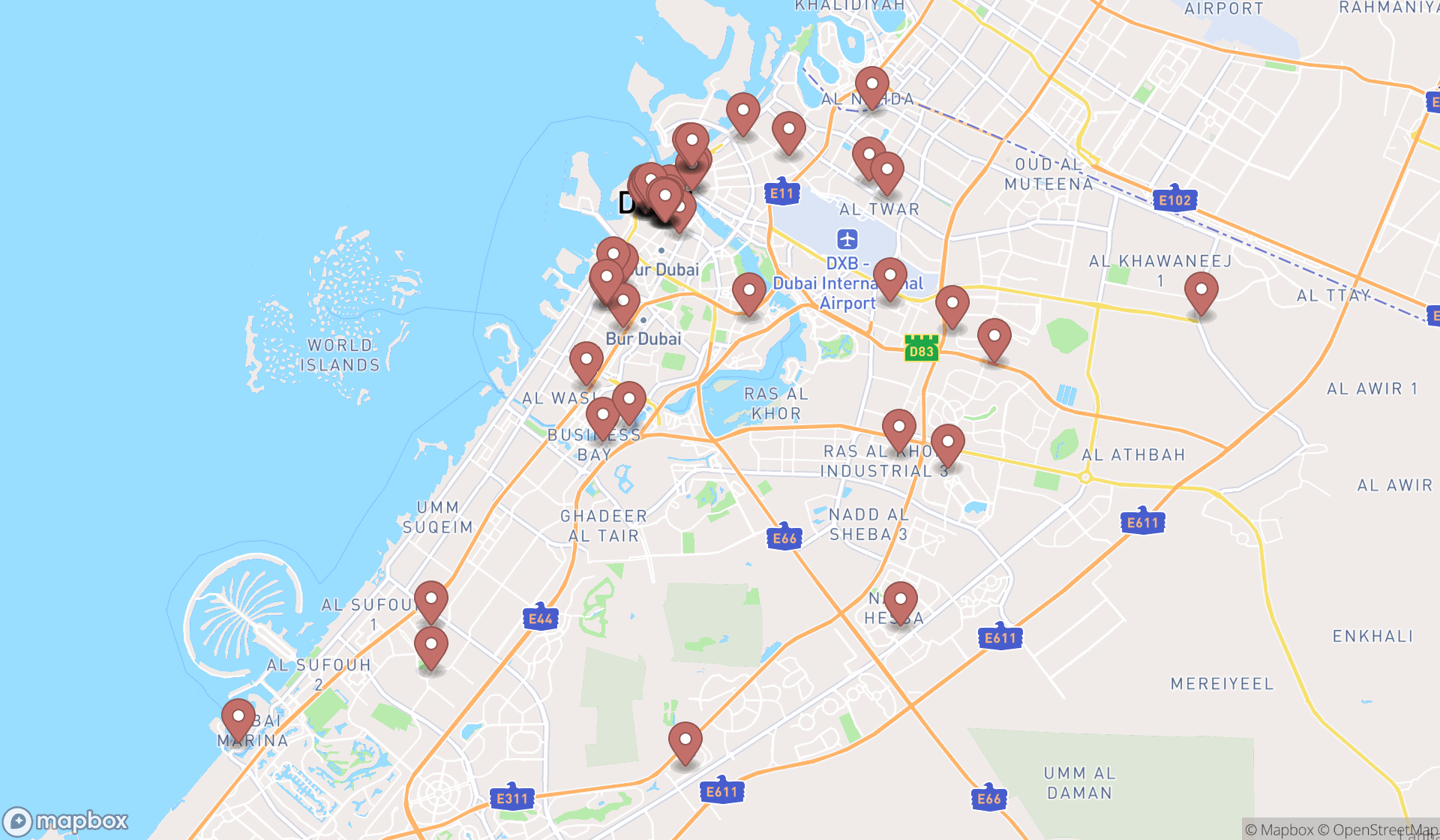 Map showing the search results in Dubai