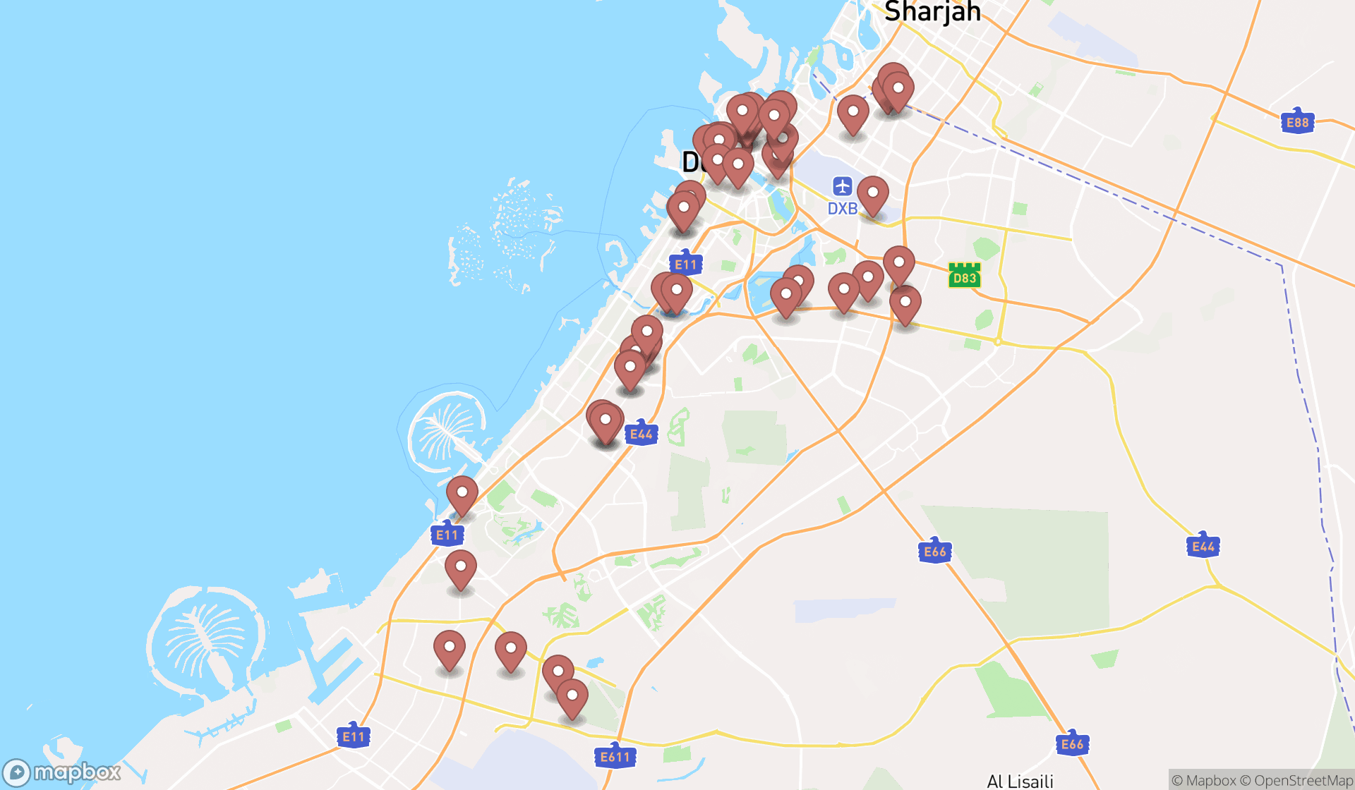 Map showing the search results in Dubai