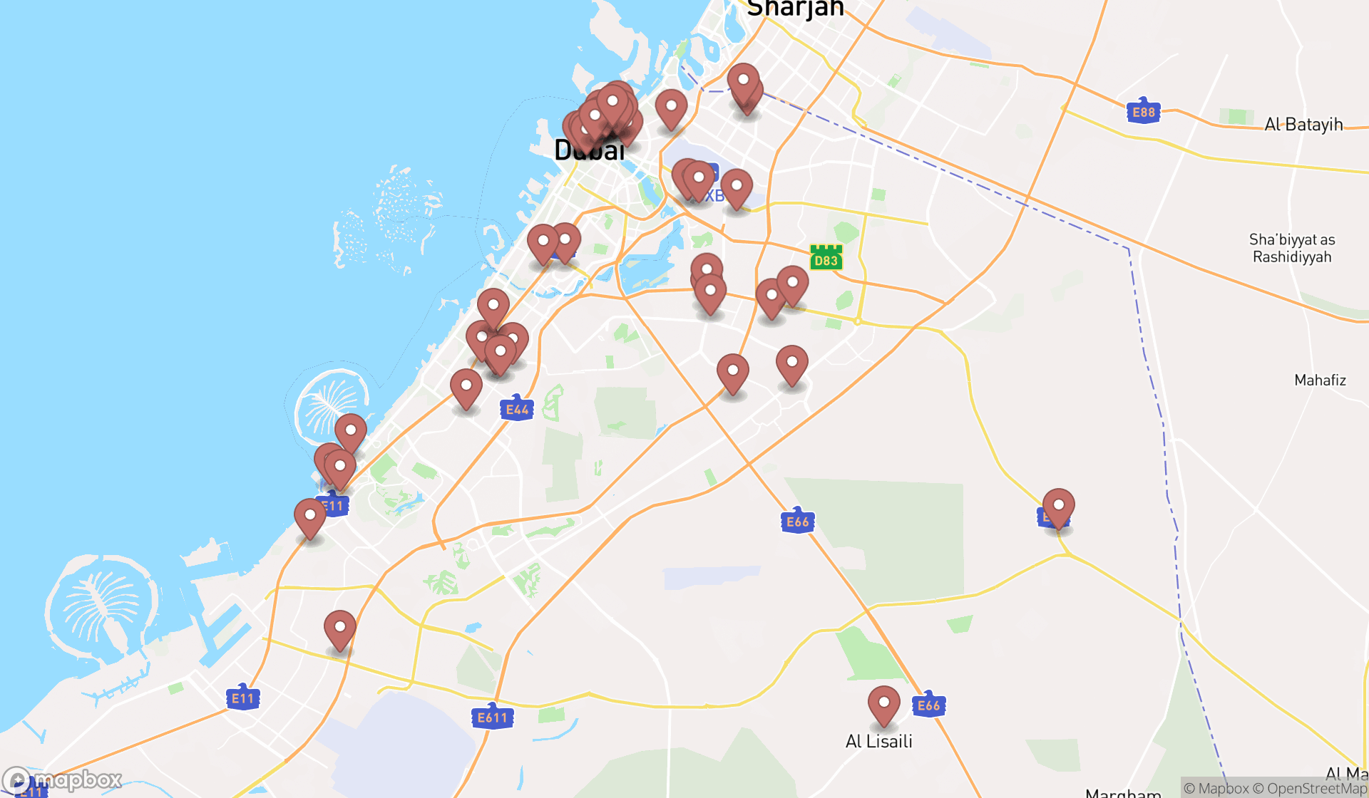 Map showing the search results in Dubai
