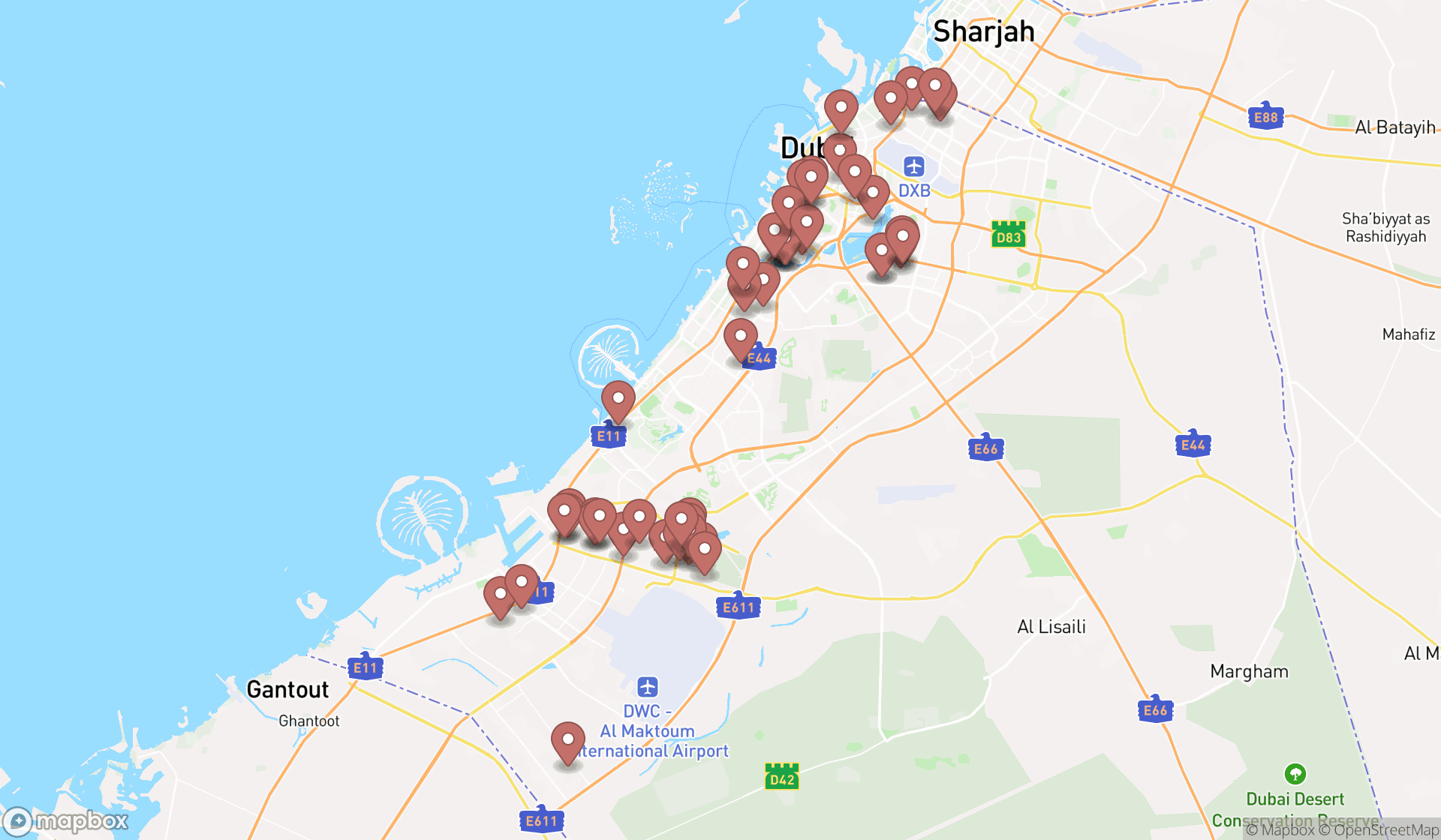 Map showing the search results in Dubai