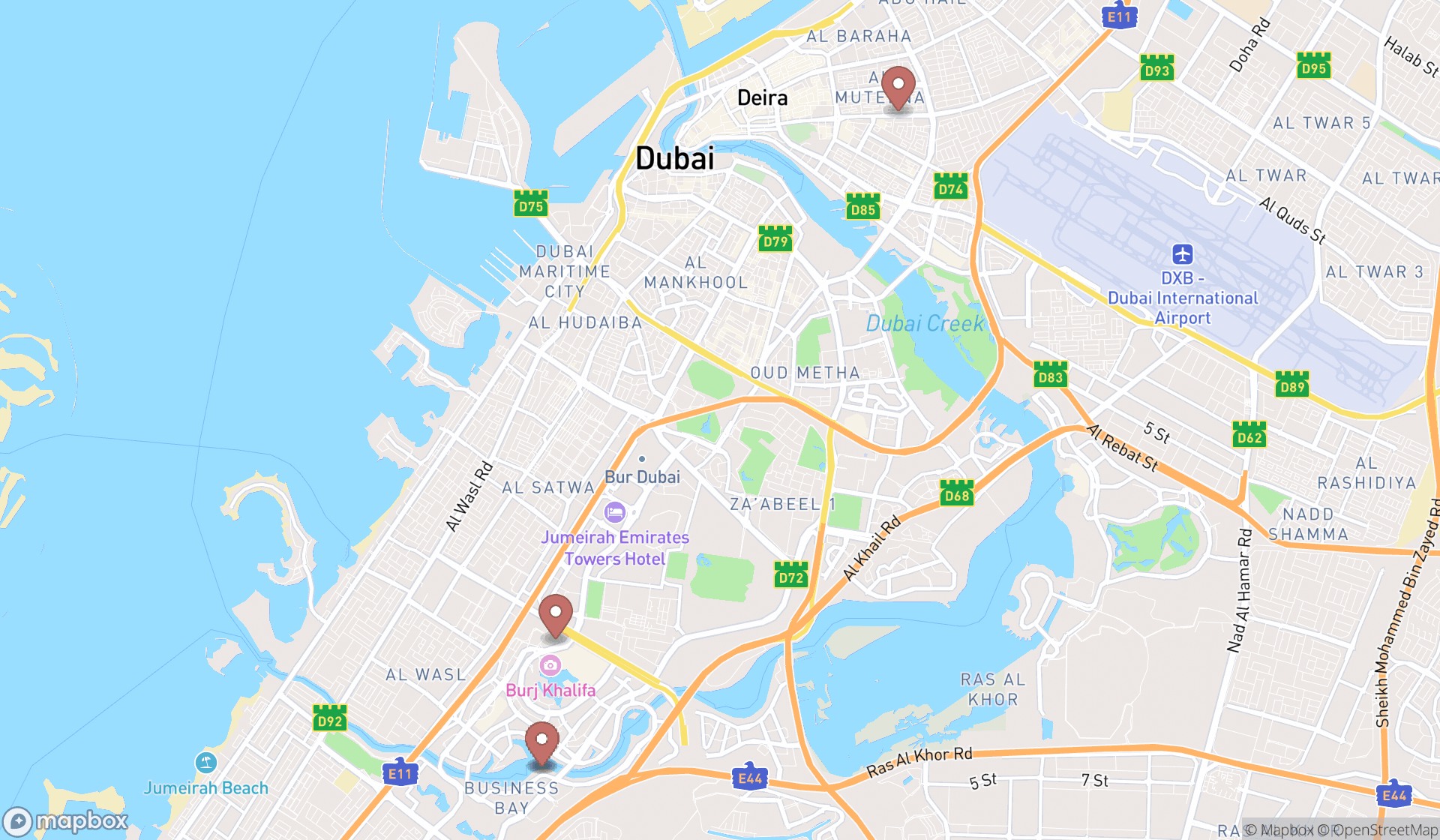 Map showing the search results in Dubai
