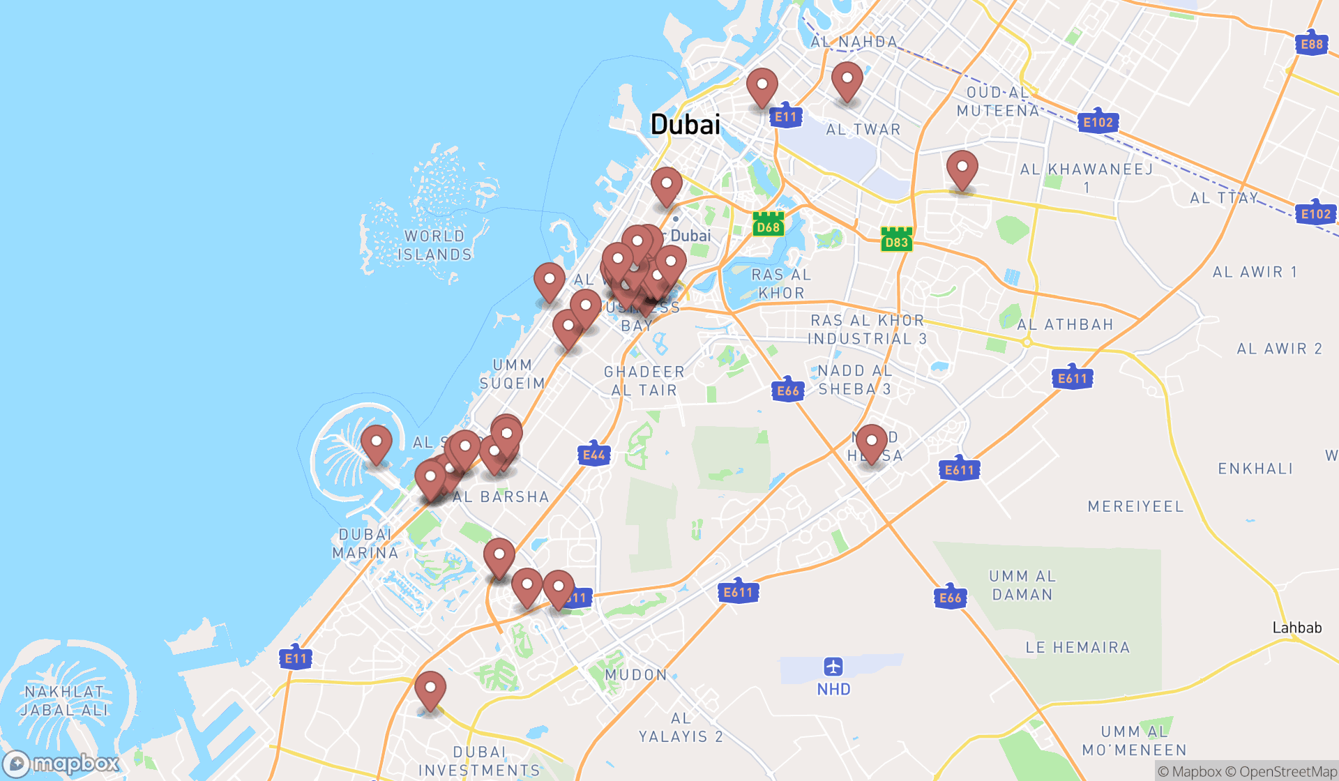 Map showing the search results in Dubai