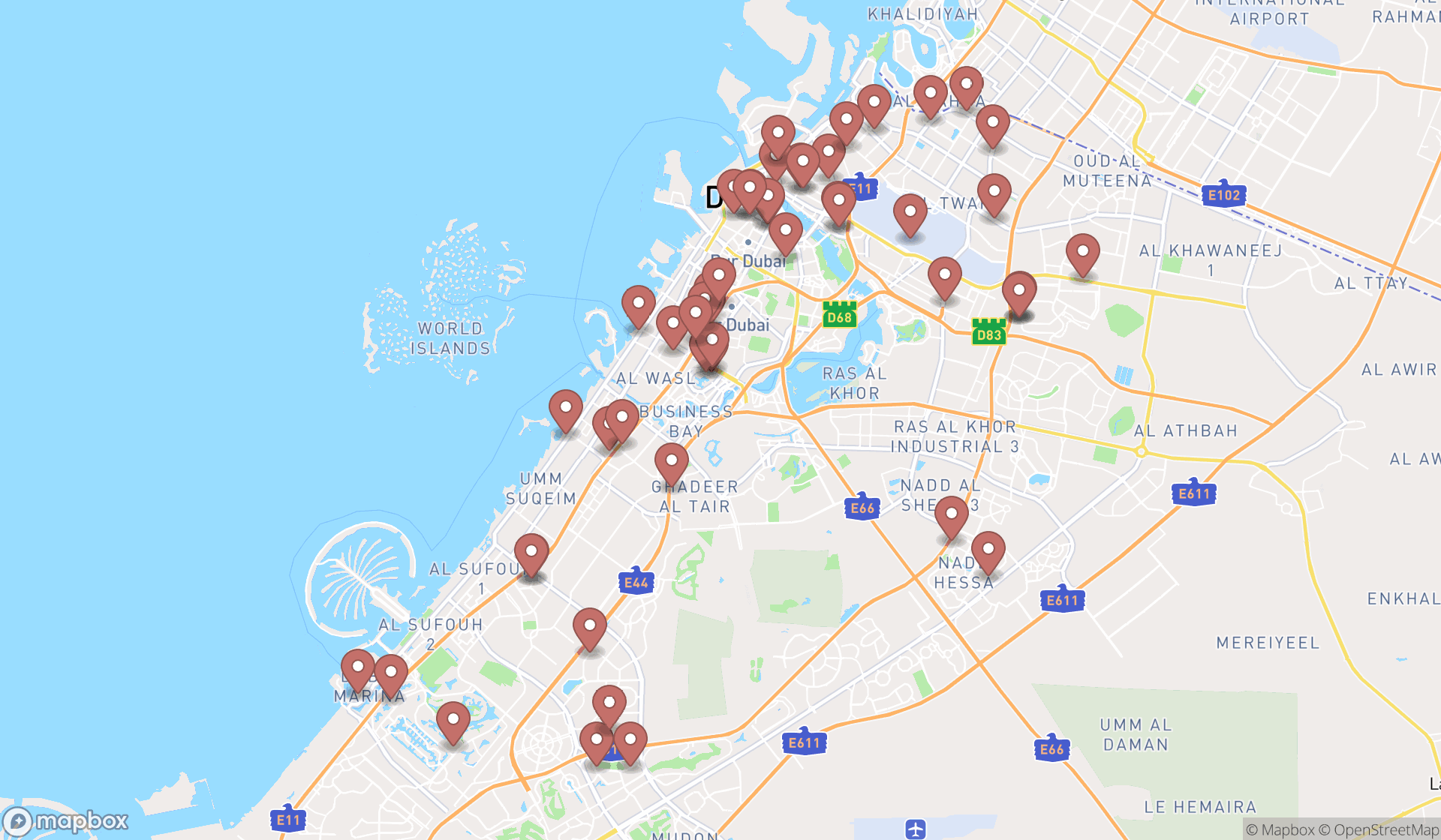 Map showing the search results in Dubai