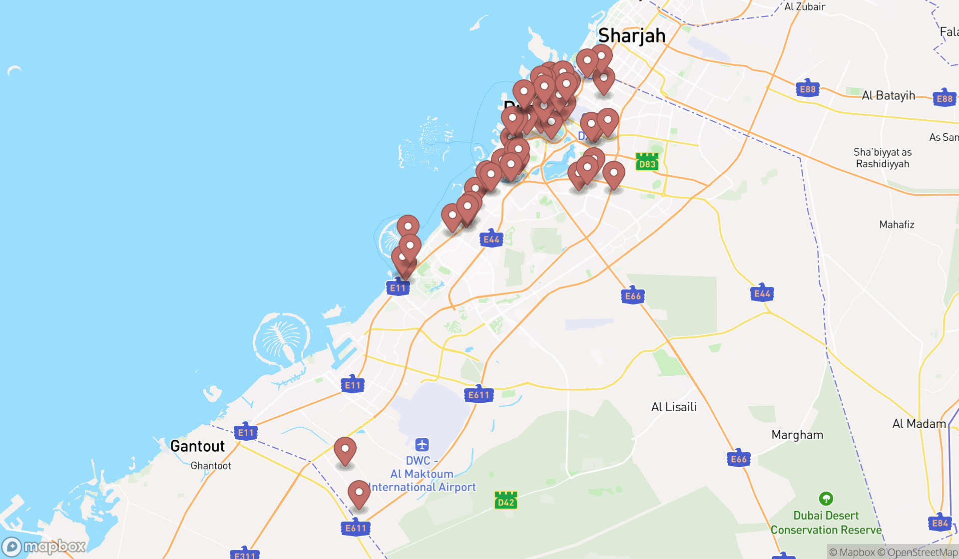 Map showing the search results in Dubai