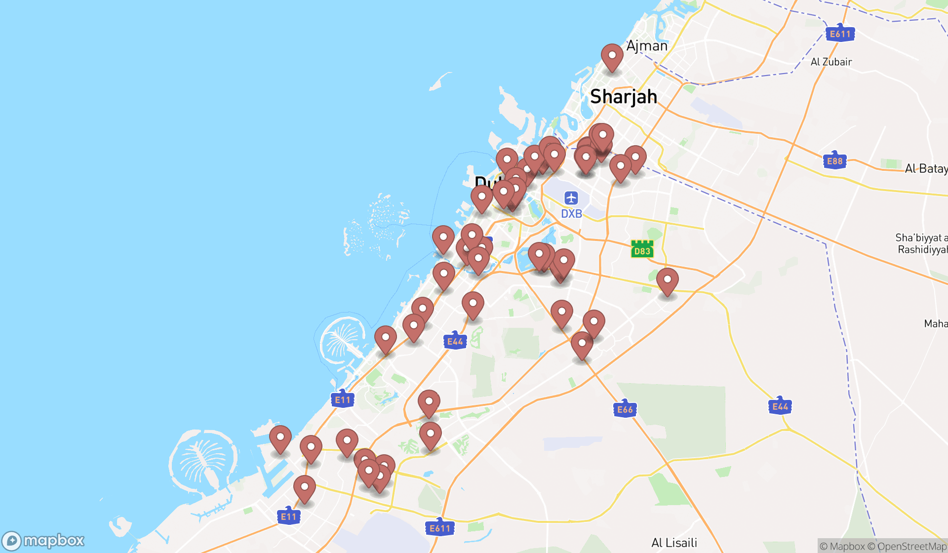 Map showing the search results in Dubai
