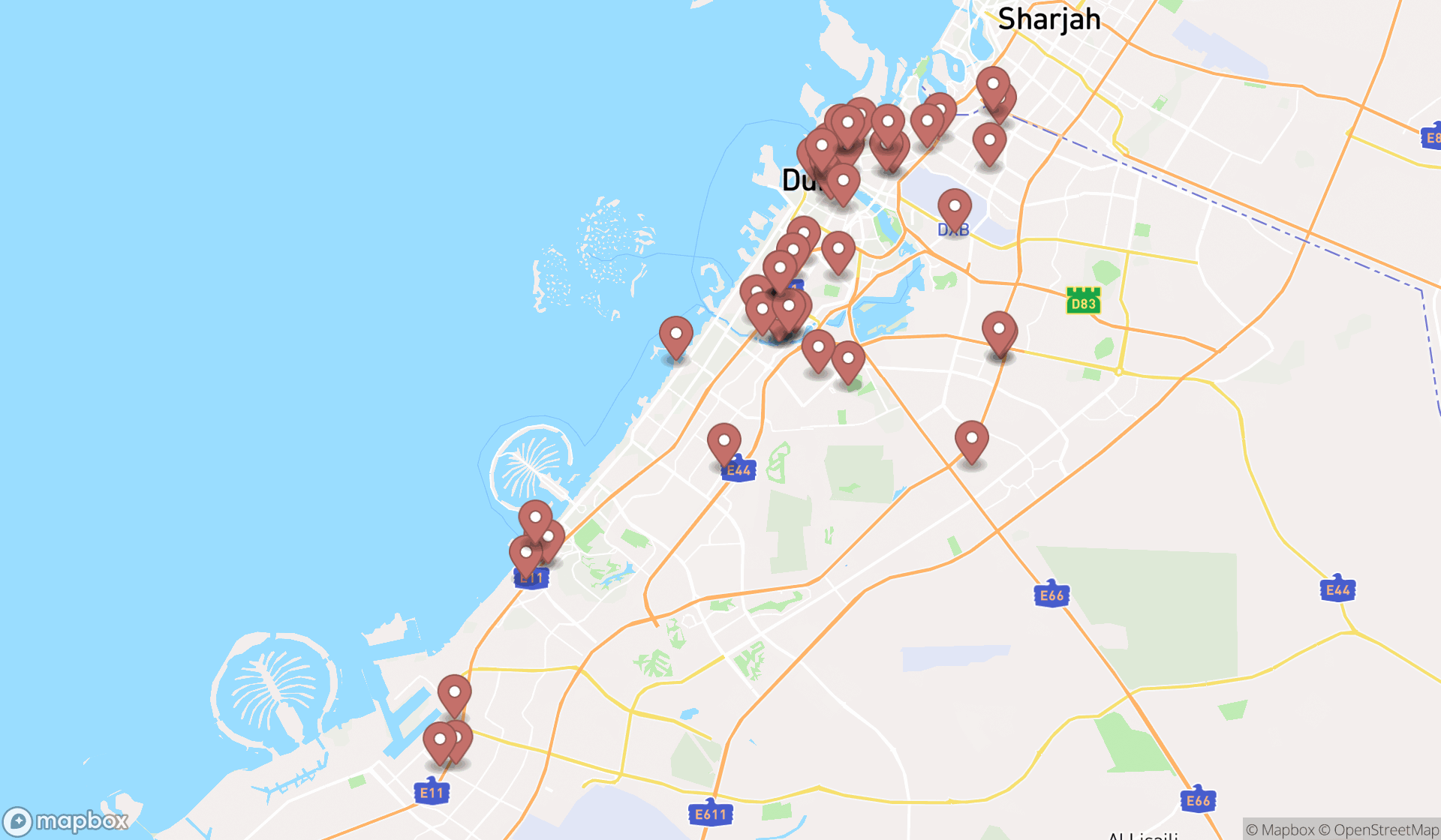 Map showing the search results in Dubai