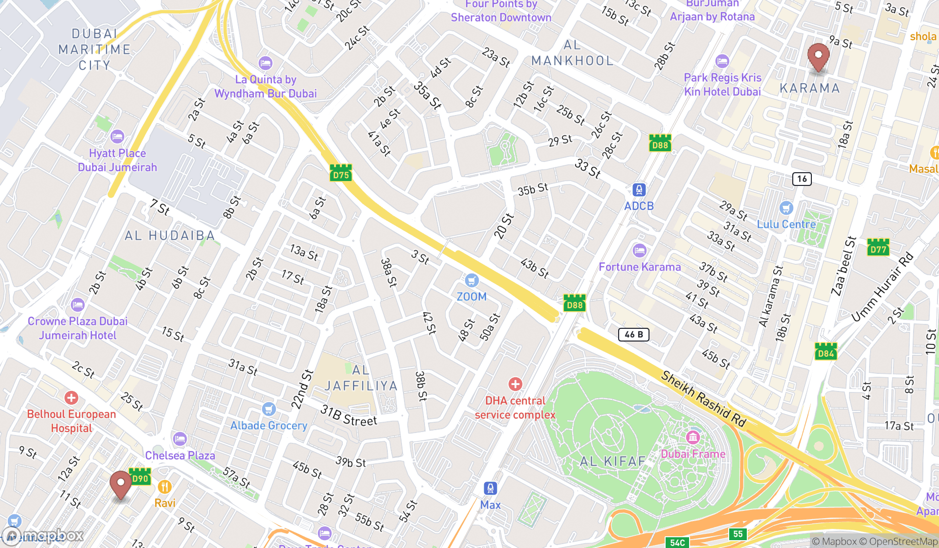 Map showing the search results in Dubai