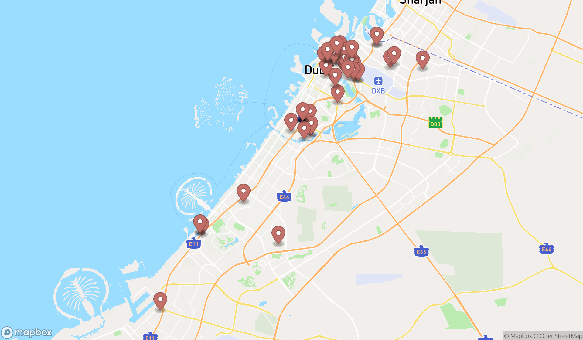 Map showing the search results in Dubai