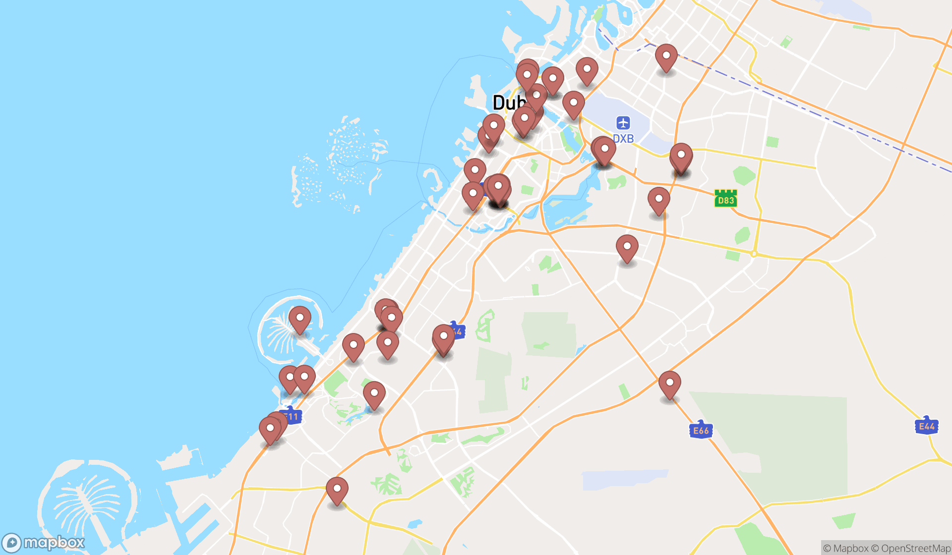 Map showing the search results in Dubai