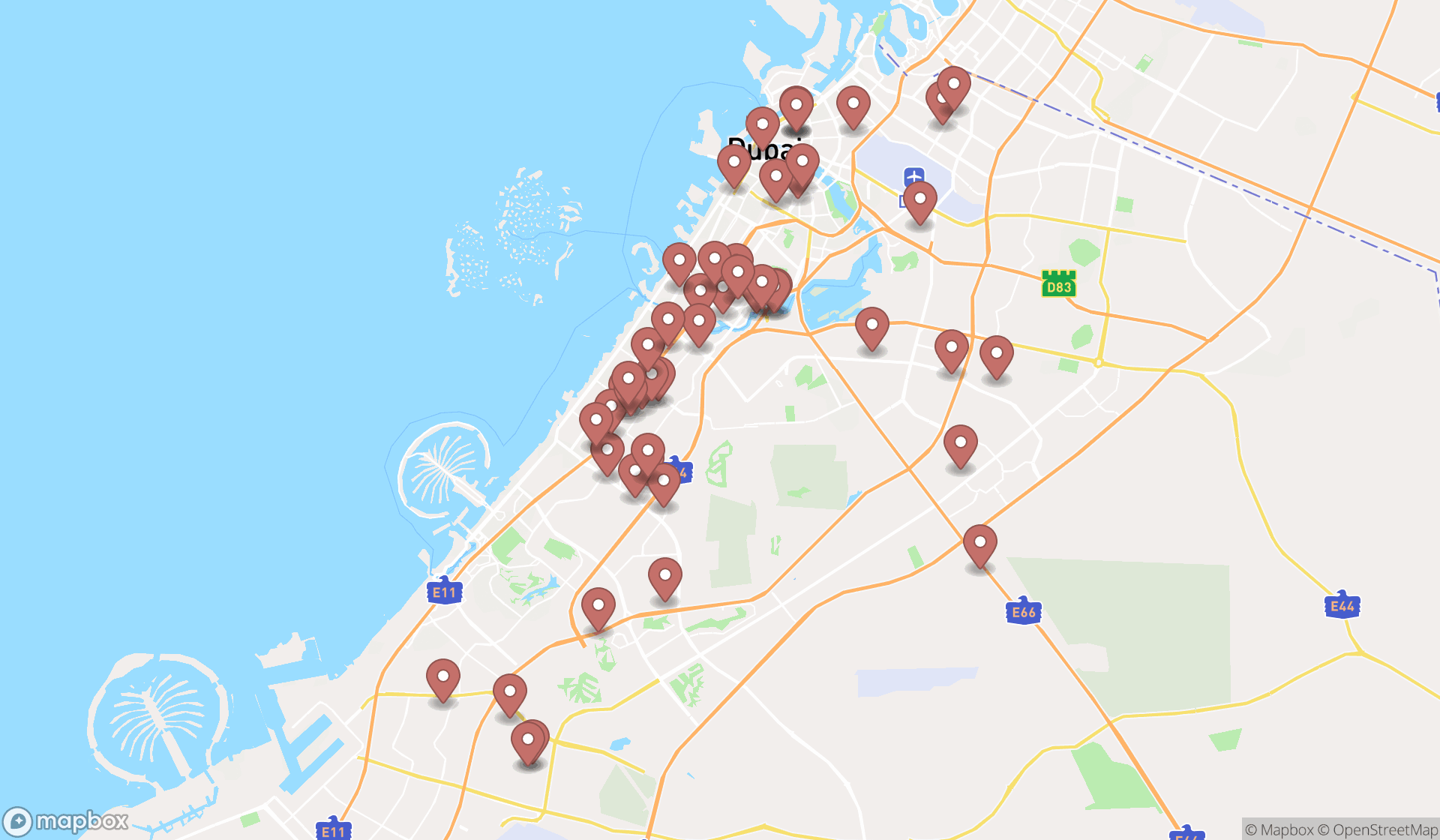 Map showing the search results in Dubai