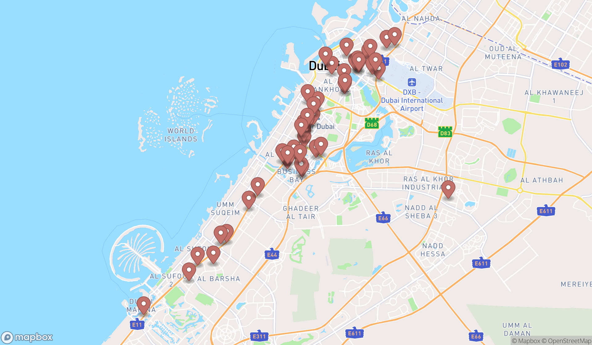 Map showing the search results in Dubai