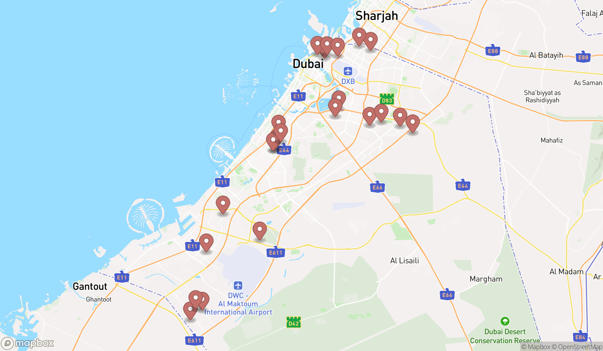 Map showing the search results in Dubai