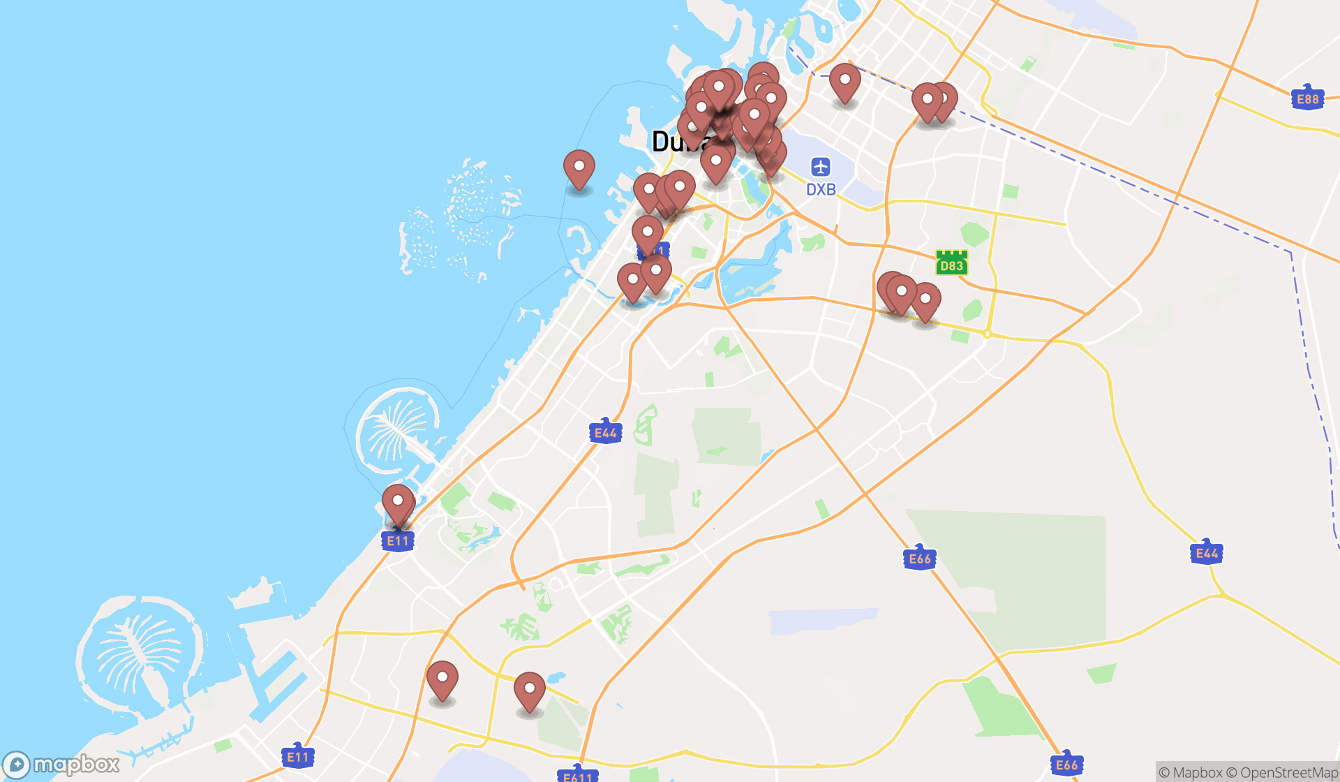 Map showing the search results in Dubai