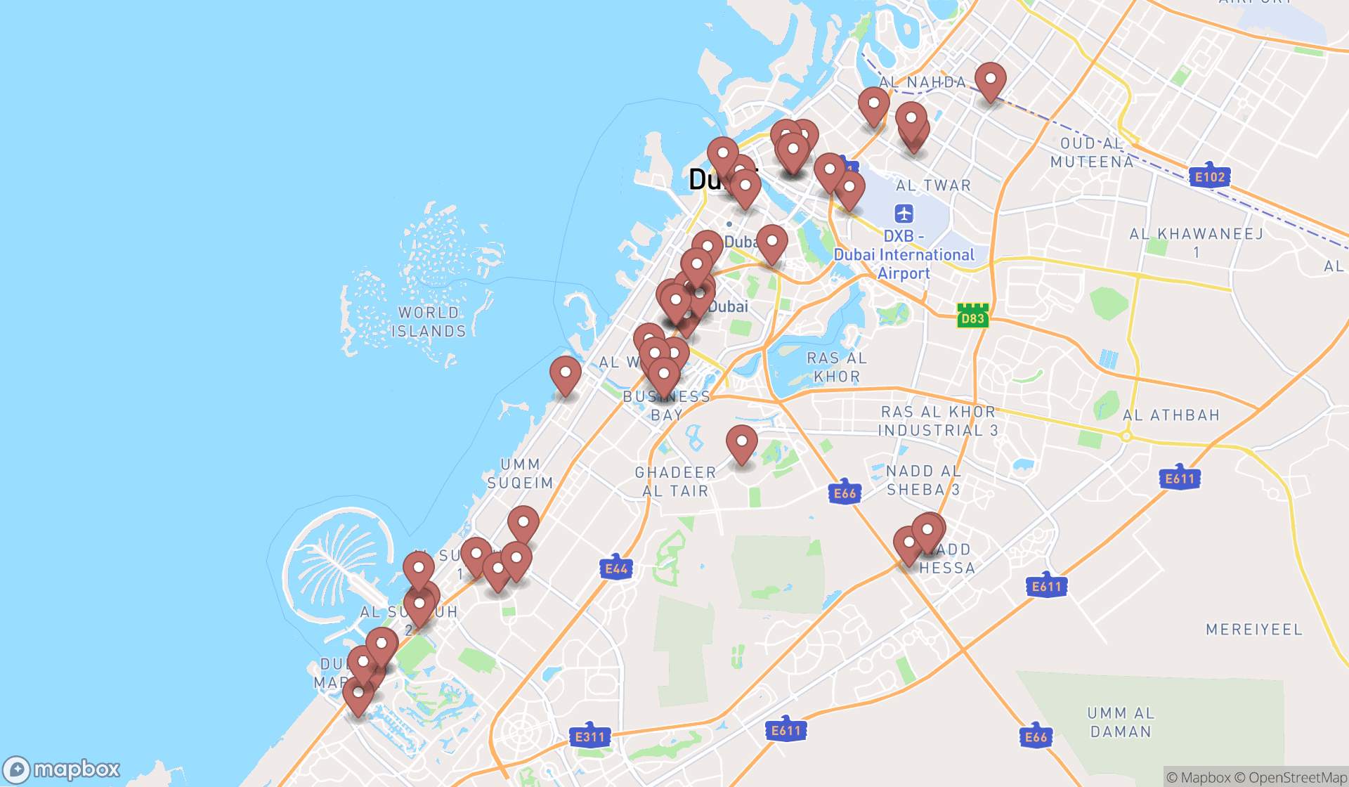 Map showing the search results in Dubai