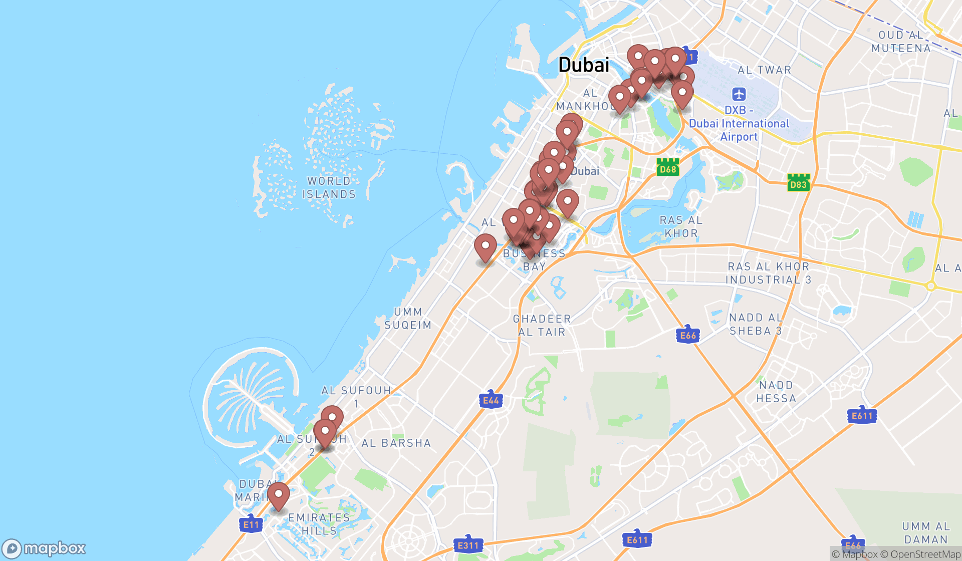 Map showing the search results in Dubai