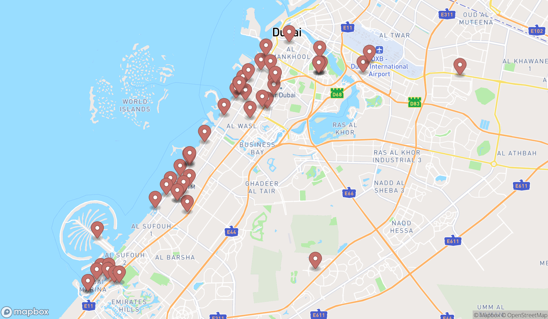 Map showing the search results in Dubai