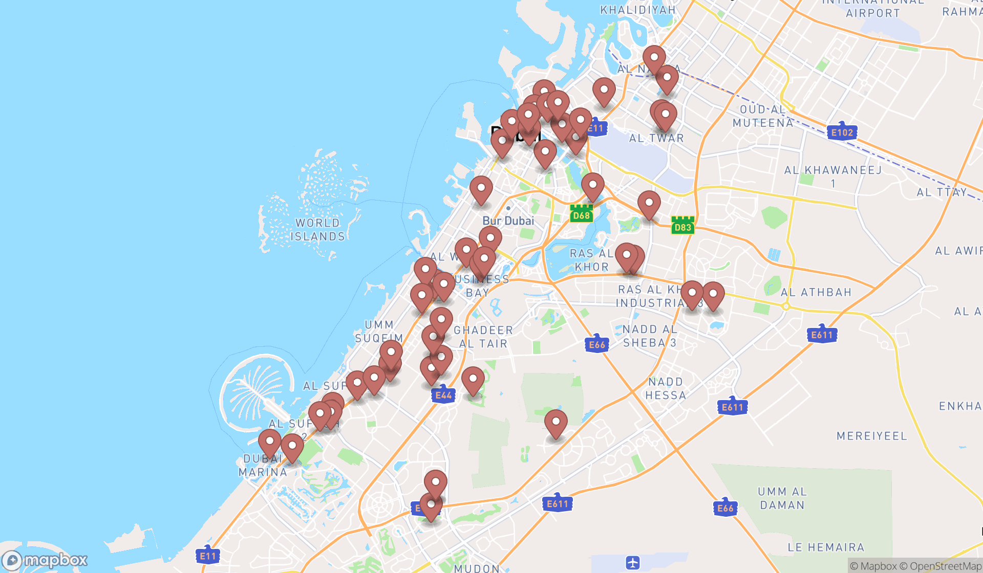 Map showing the search results in Dubai