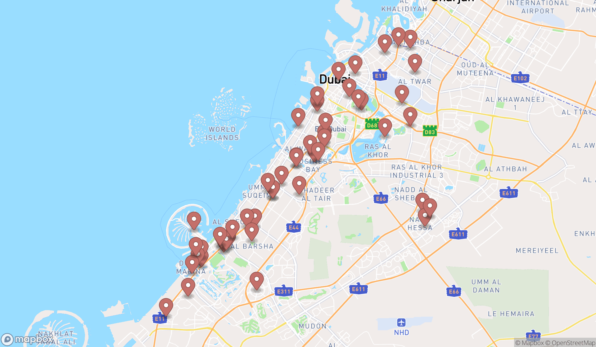Map showing the search results in Dubai