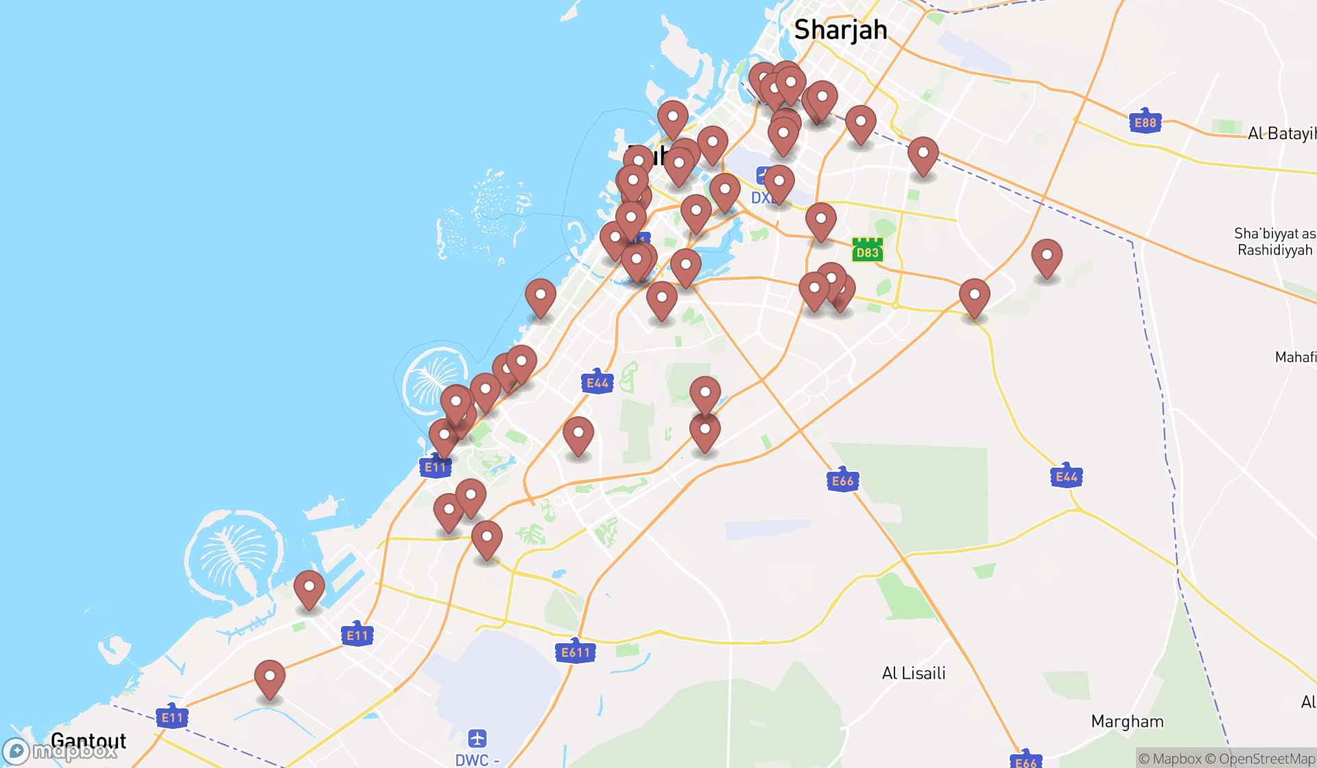 Map showing the search results in Dubai