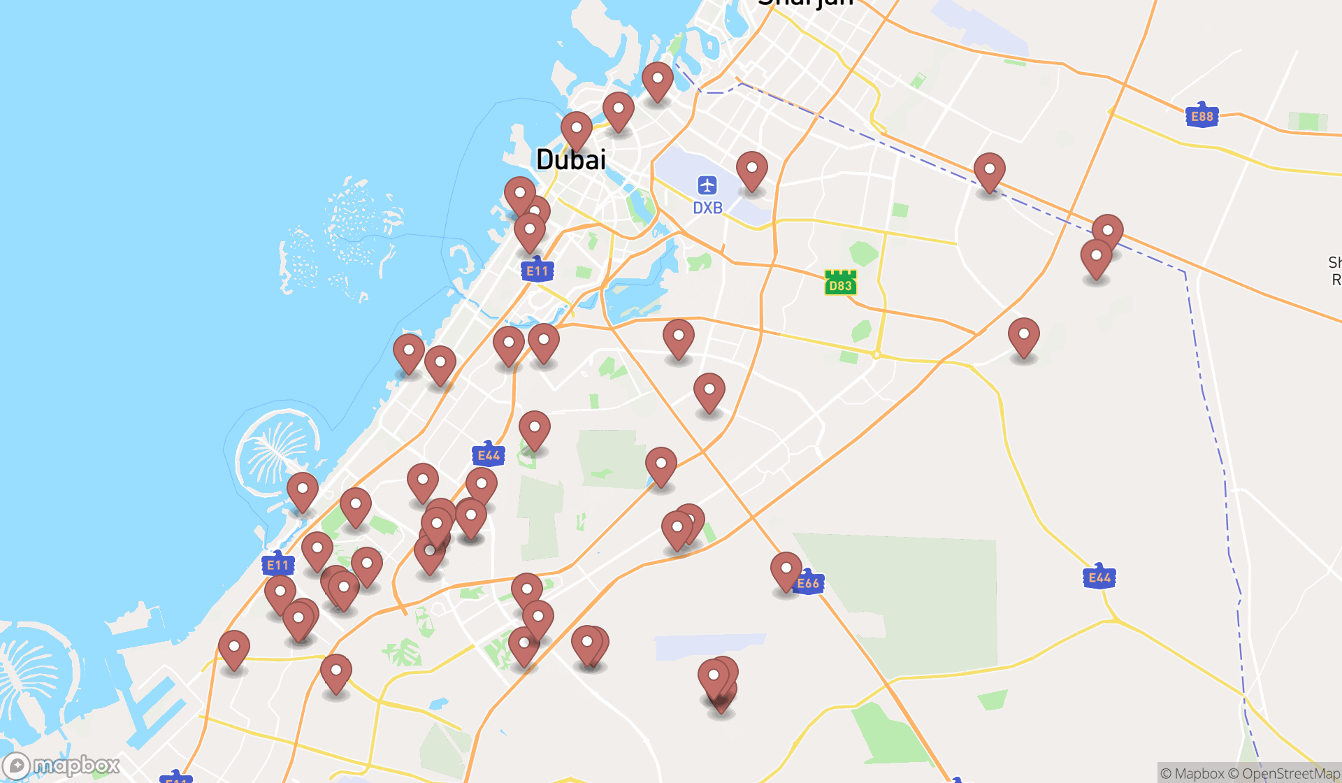 Map showing the search results in Dubai