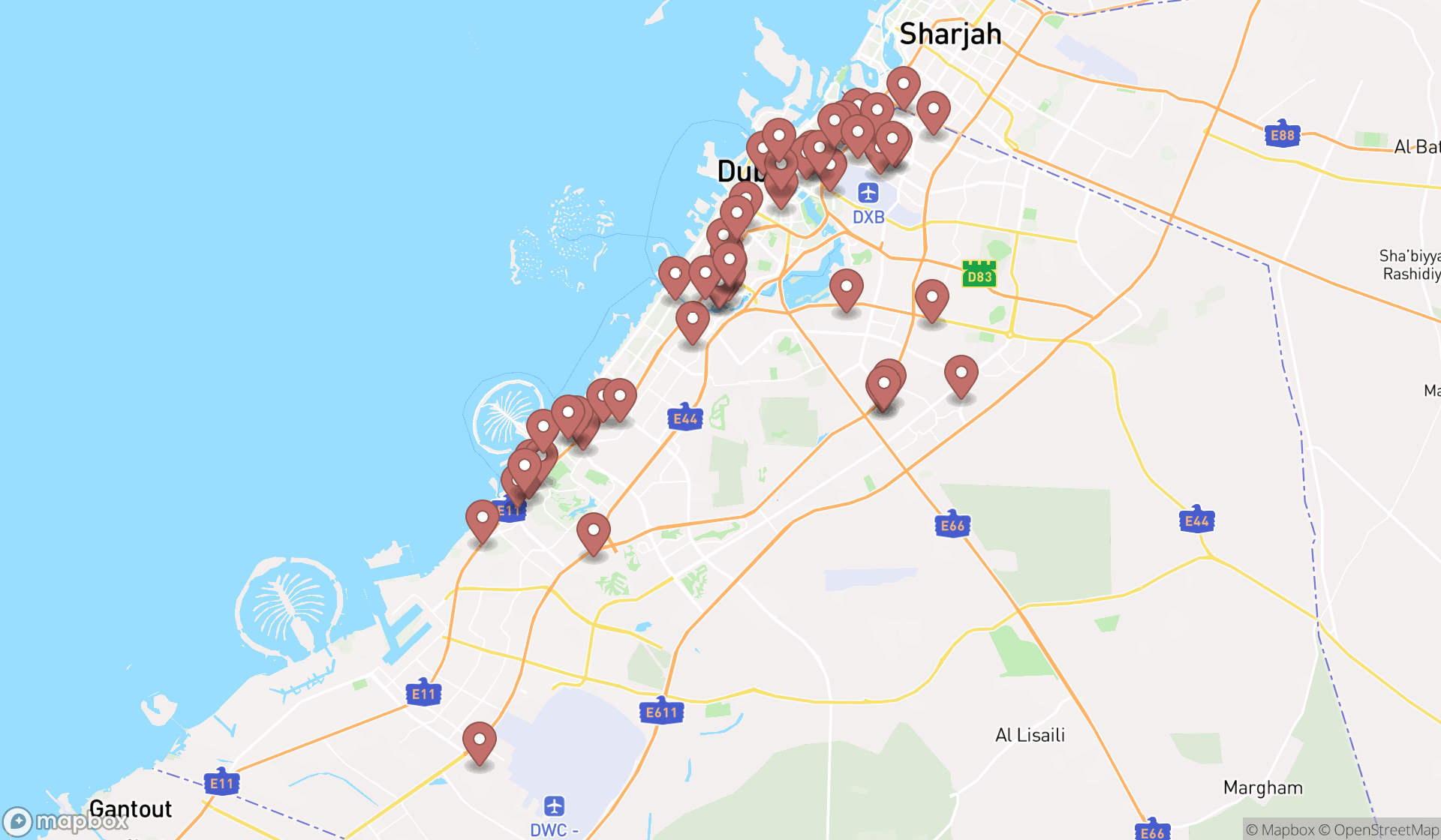Map showing the search results in Dubai