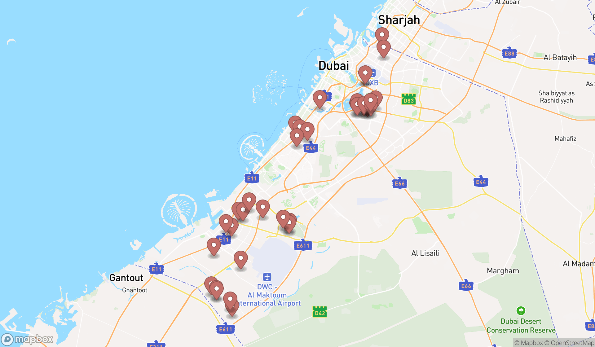 Map showing the search results in Dubai
