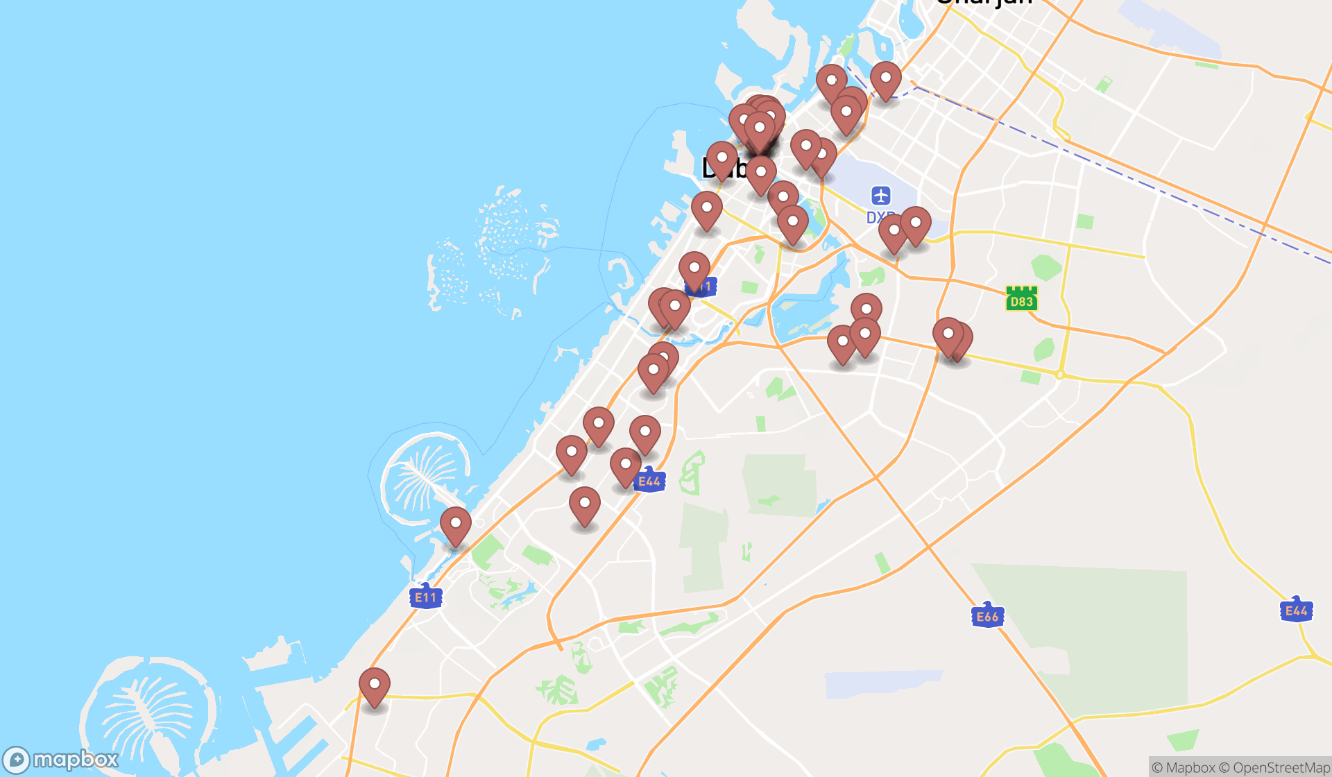 Map showing the search results in Dubai
