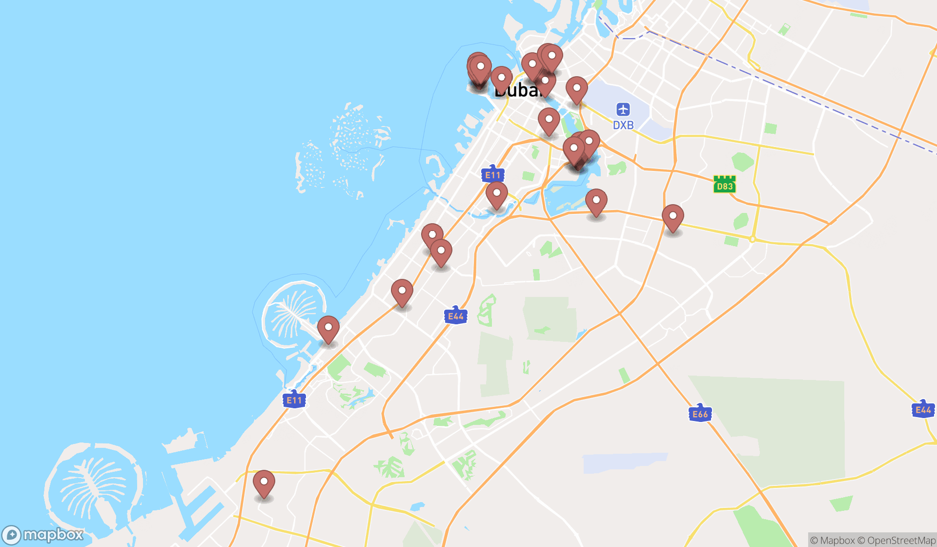 Map showing the search results in Dubai