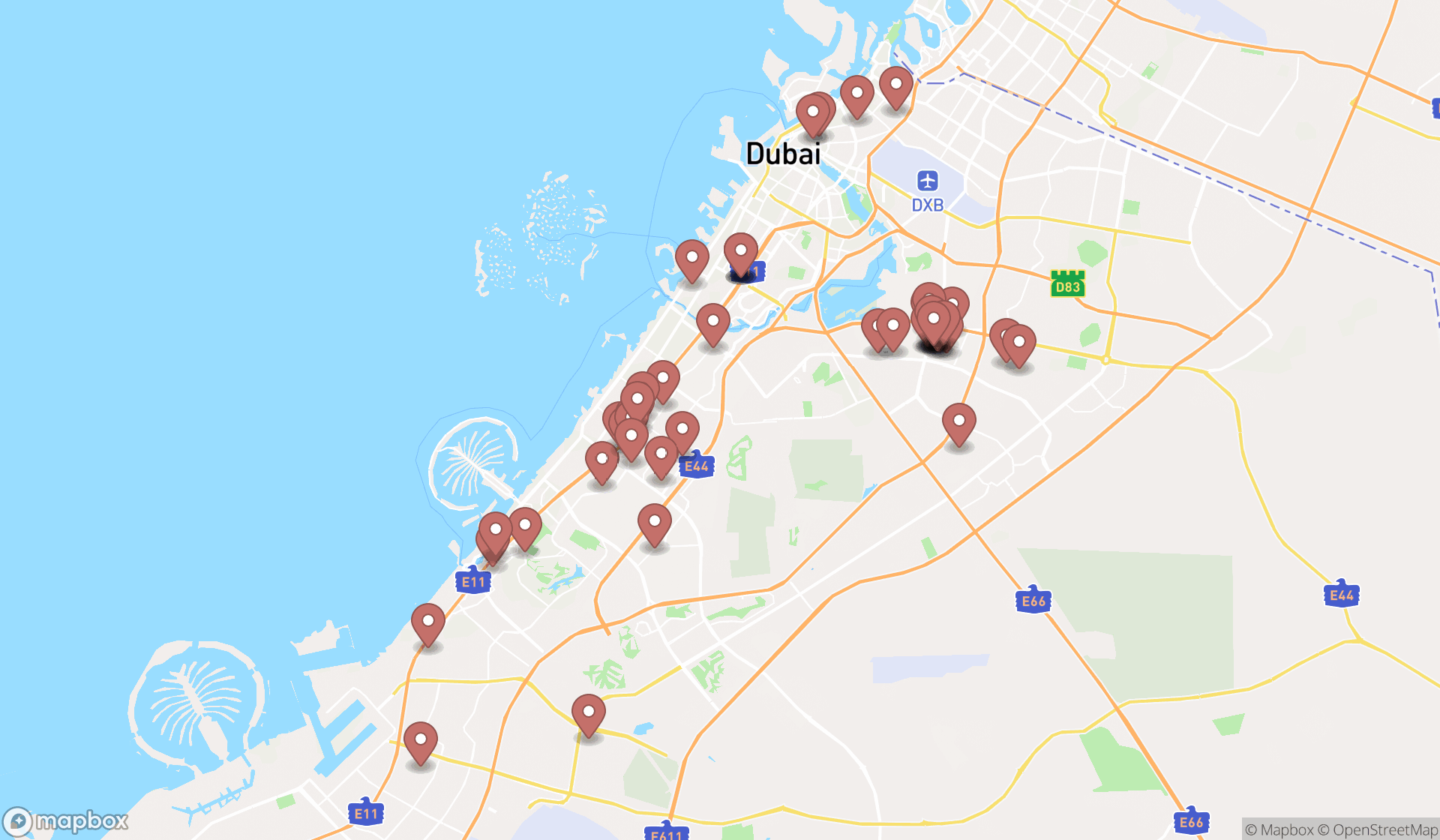 Map showing the search results in Dubai