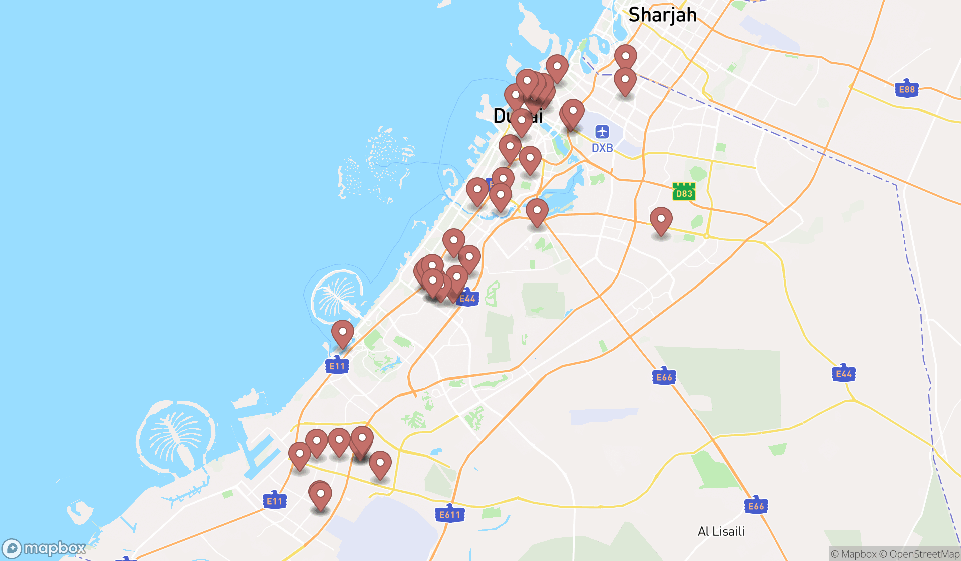 Map showing the search results in Dubai