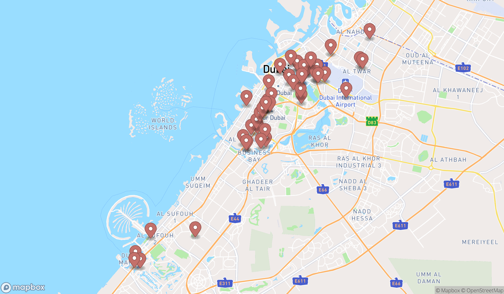 Map showing the search results in Dubai