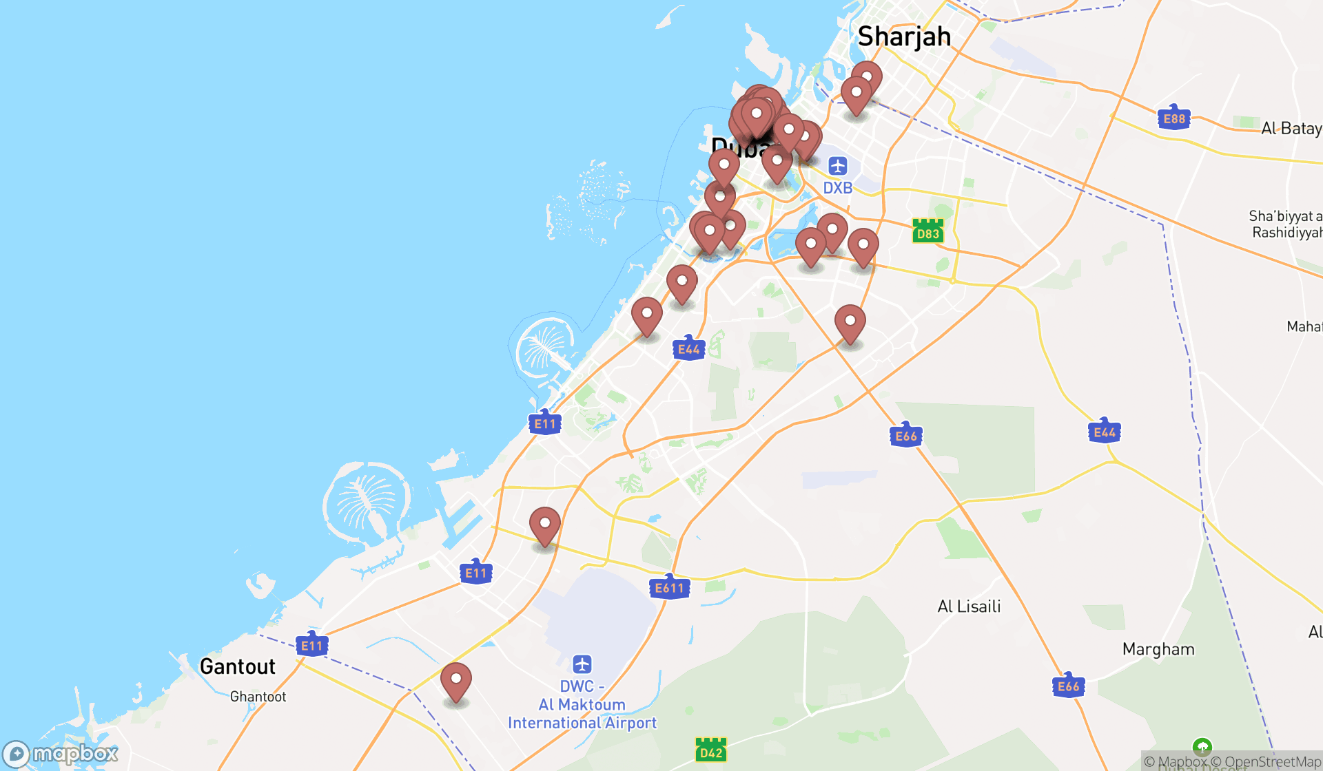 Map showing the search results in Dubai