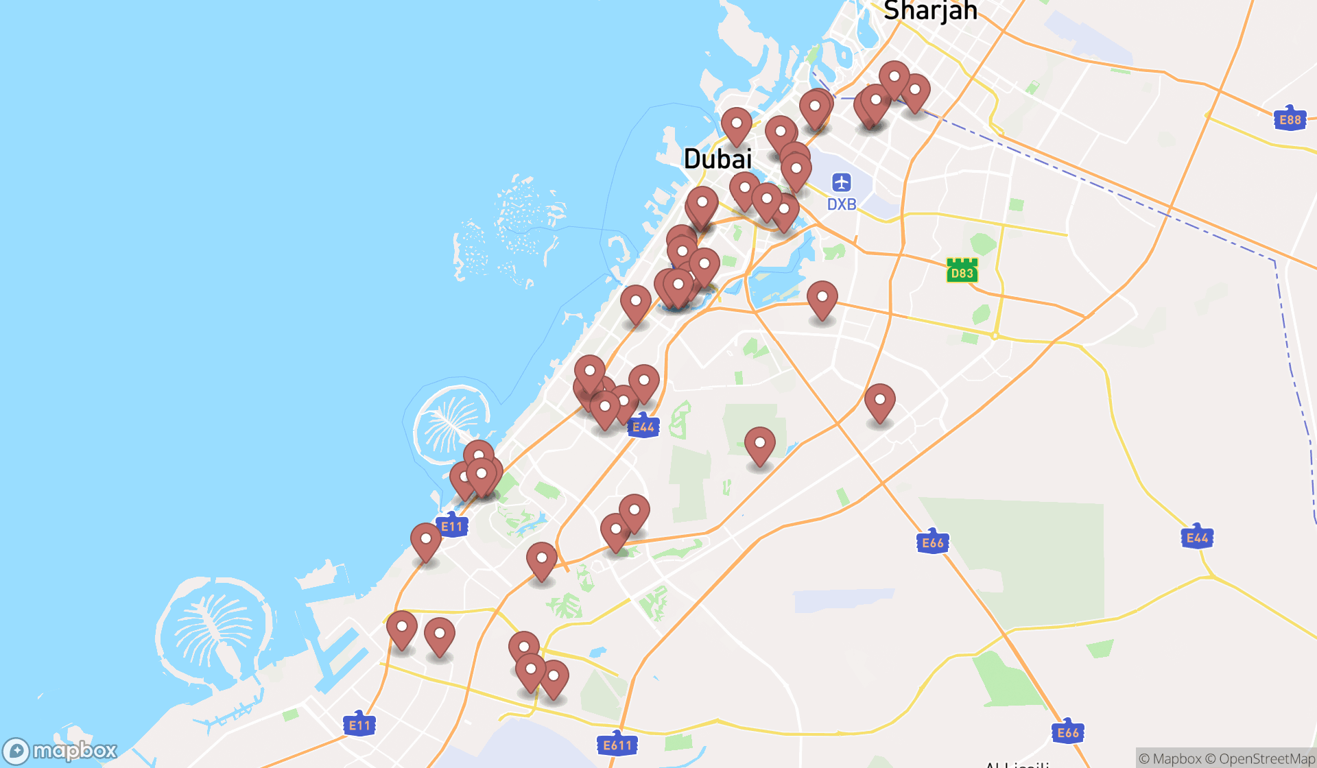 Map showing the search results in Dubai