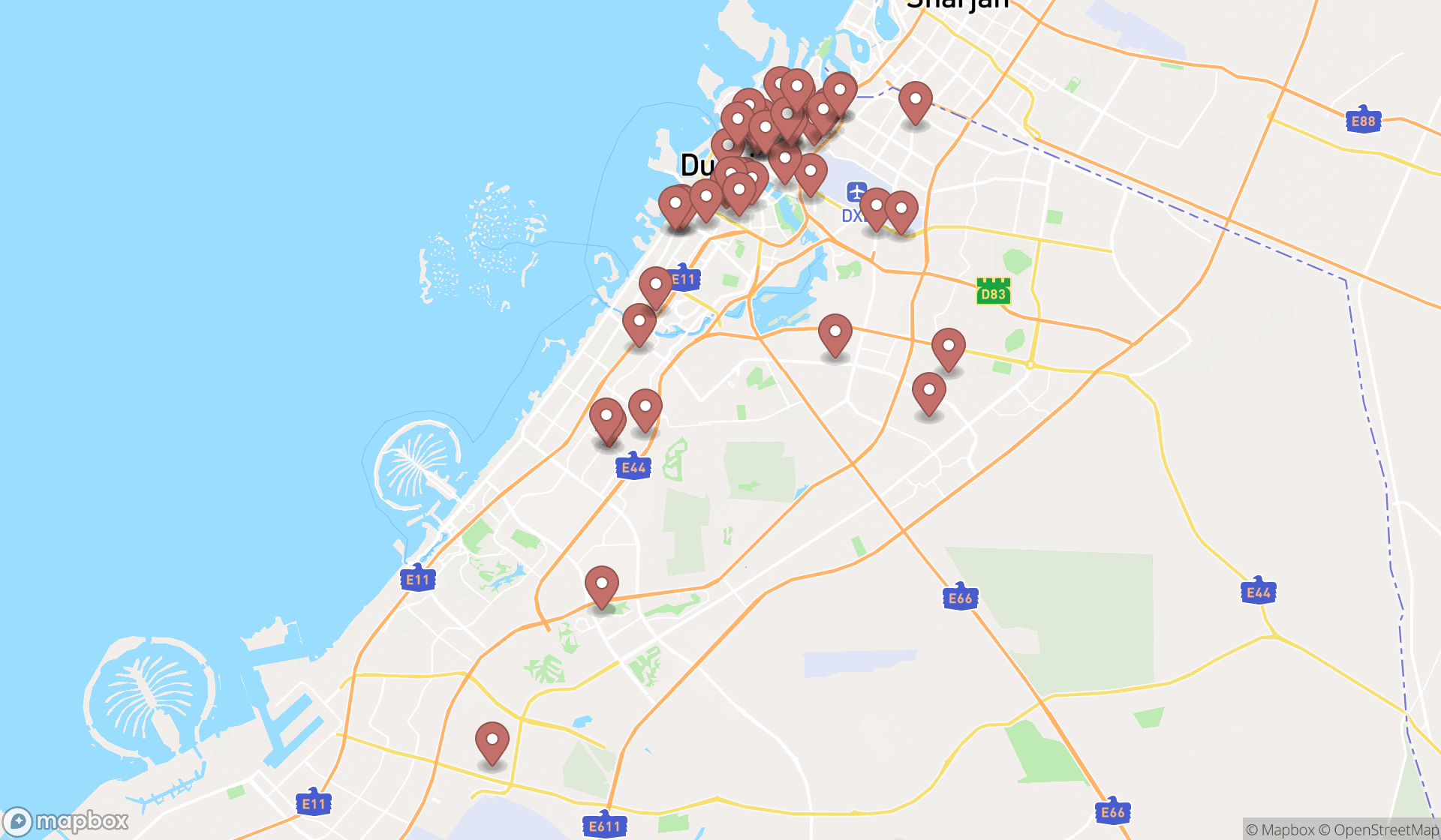 Map showing the search results in Dubai