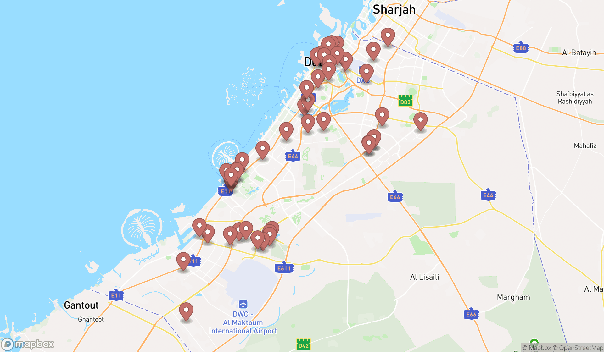 Map showing the search results in Dubai