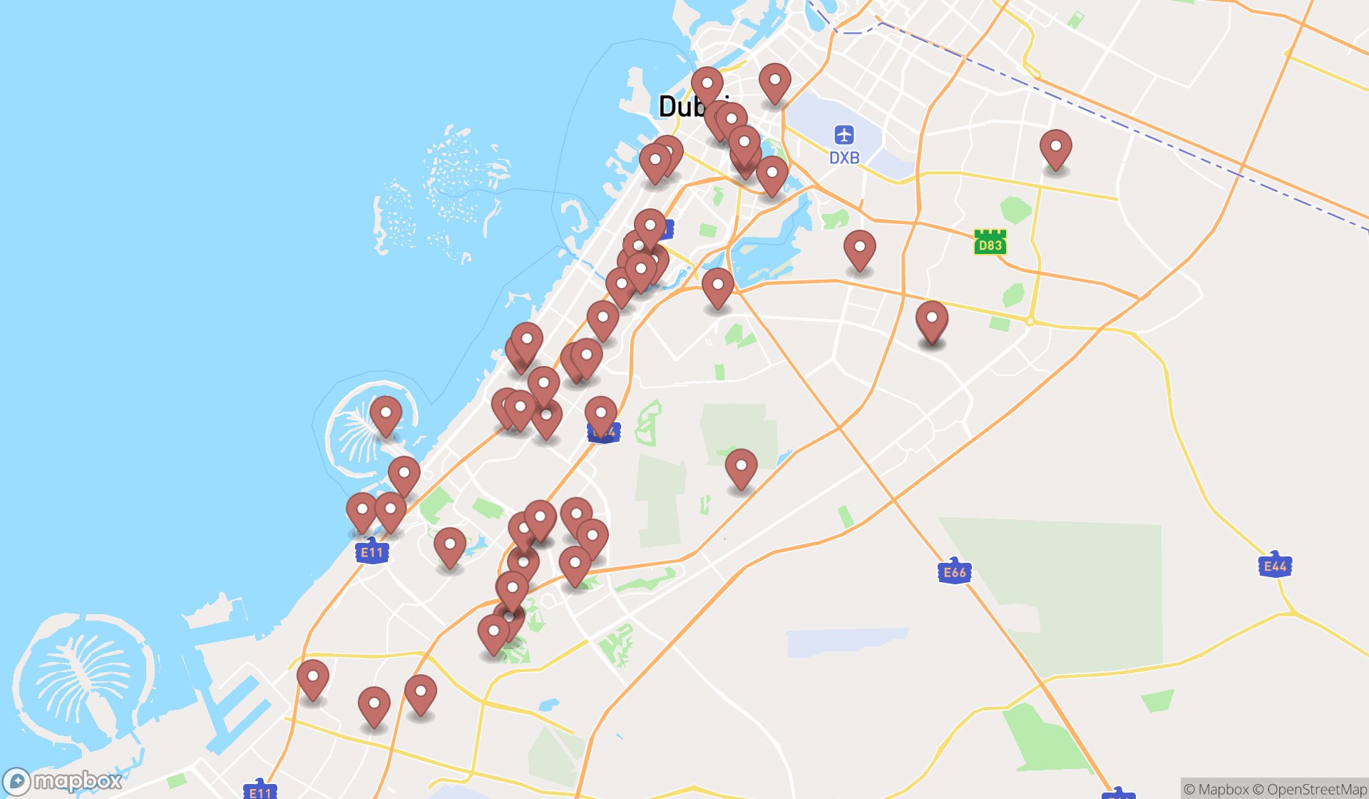 Map showing the search results in Dubai