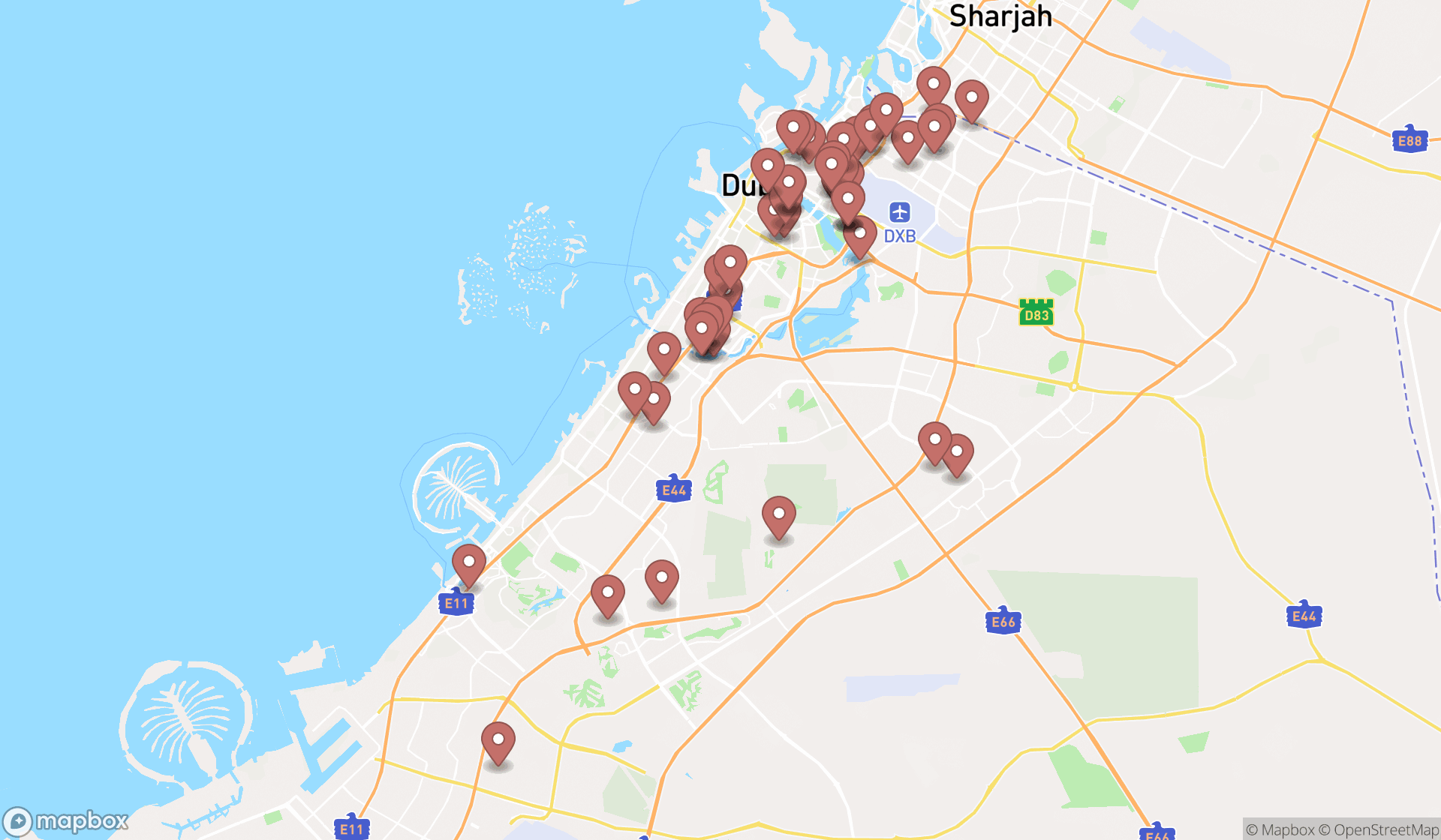 Map showing the search results in Dubai