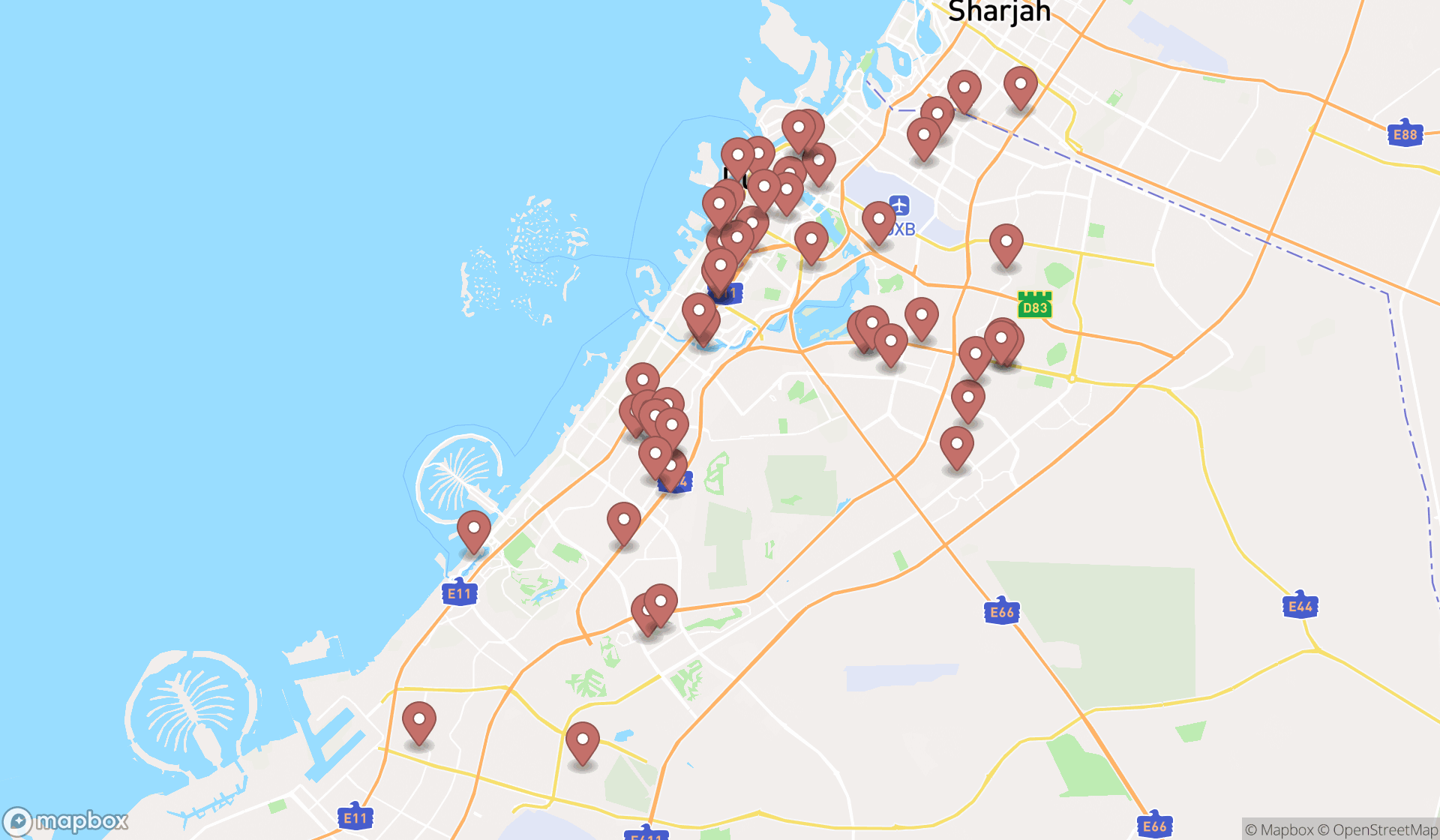Map showing the search results in Dubai