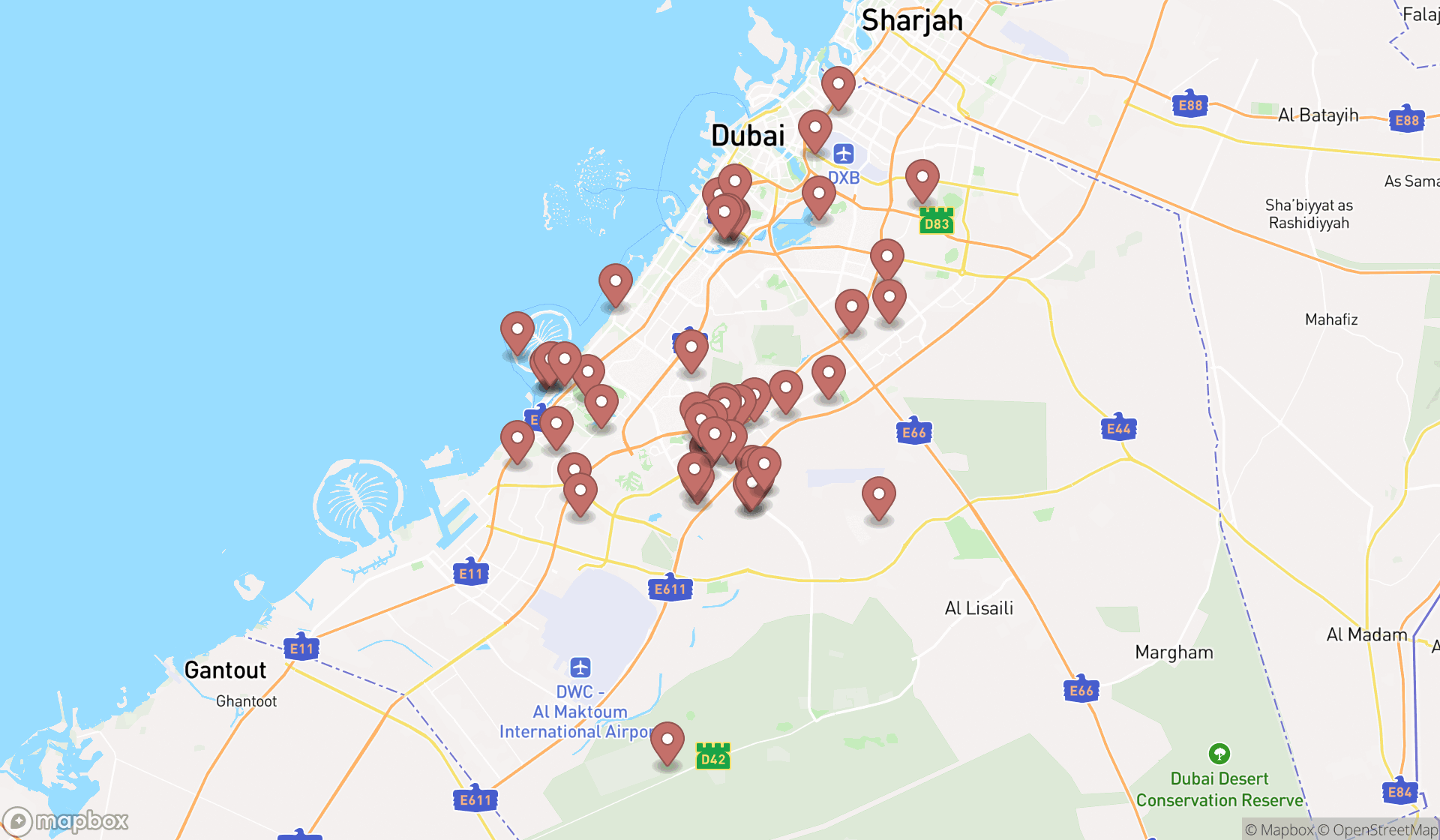 Map showing the search results in Dubai