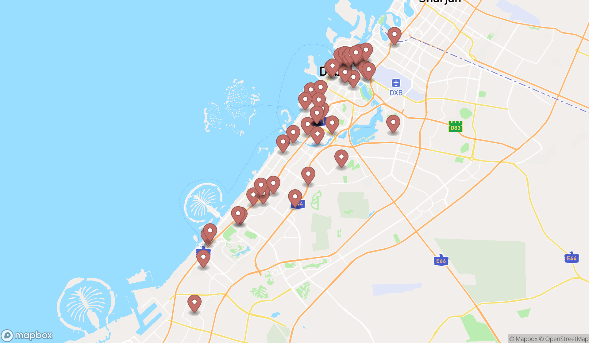 Map showing the search results in Dubai