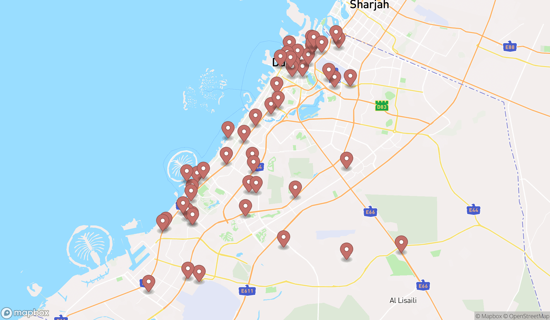 Map showing the search results in Dubai