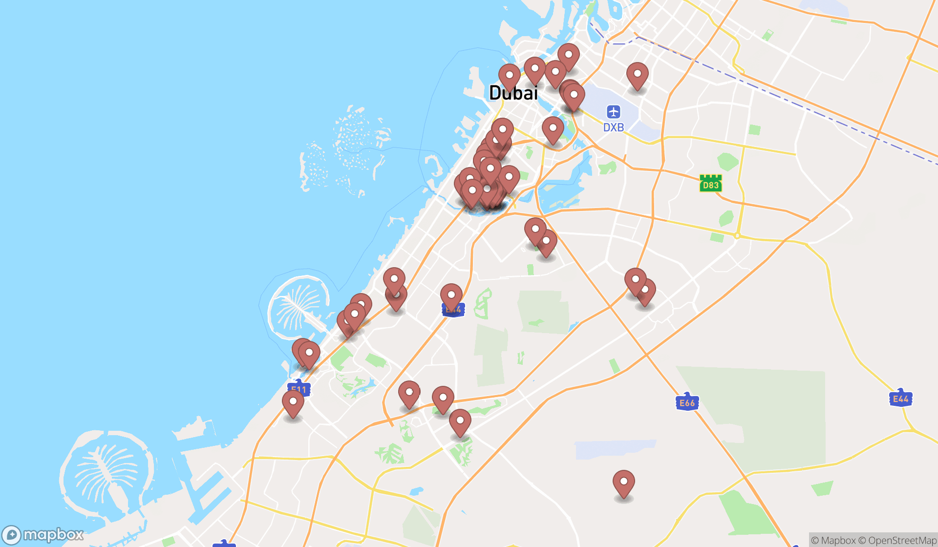 Map showing the search results in Dubai
