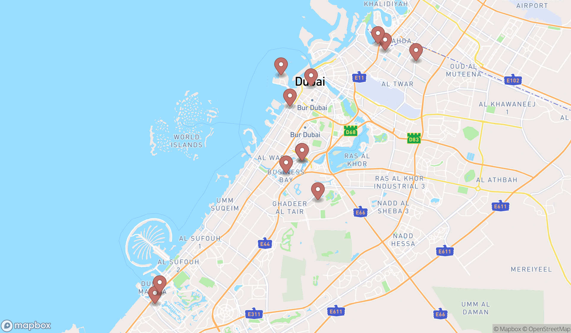Map showing the search results in Dubai