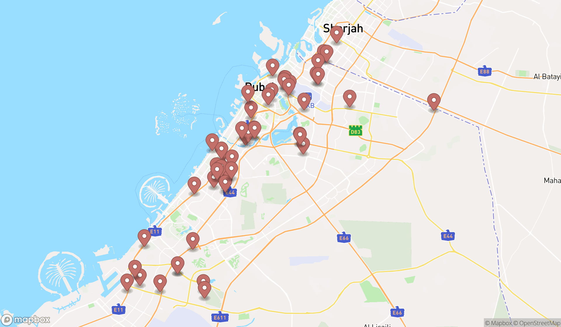 Map showing the search results in Dubai
