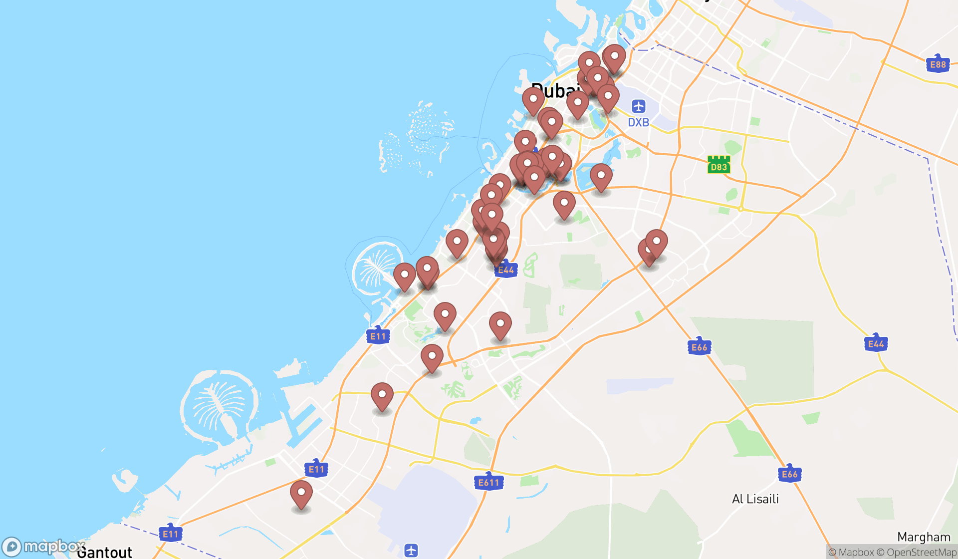 Map showing the search results in Dubai