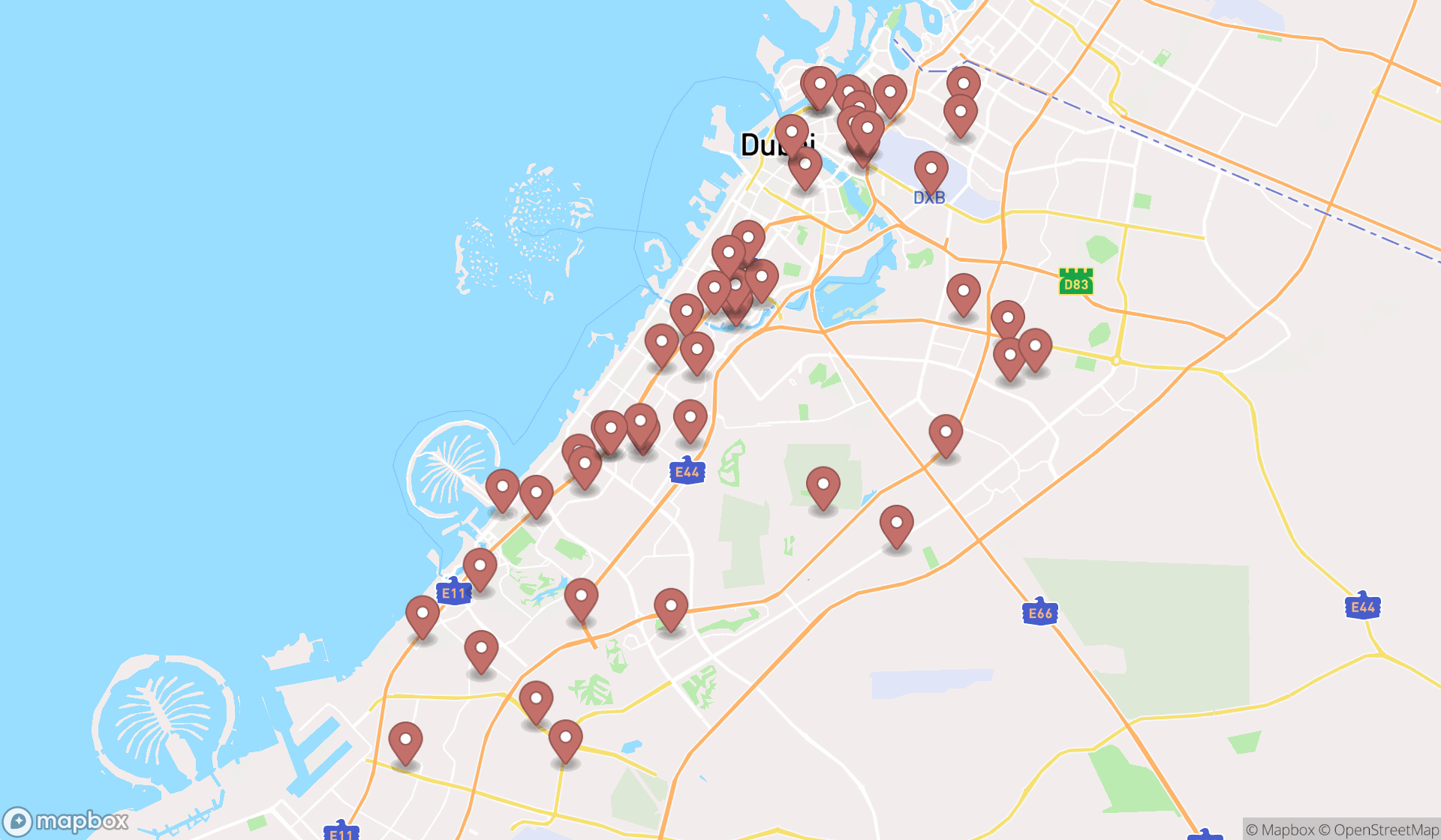 Map showing the search results in Dubai