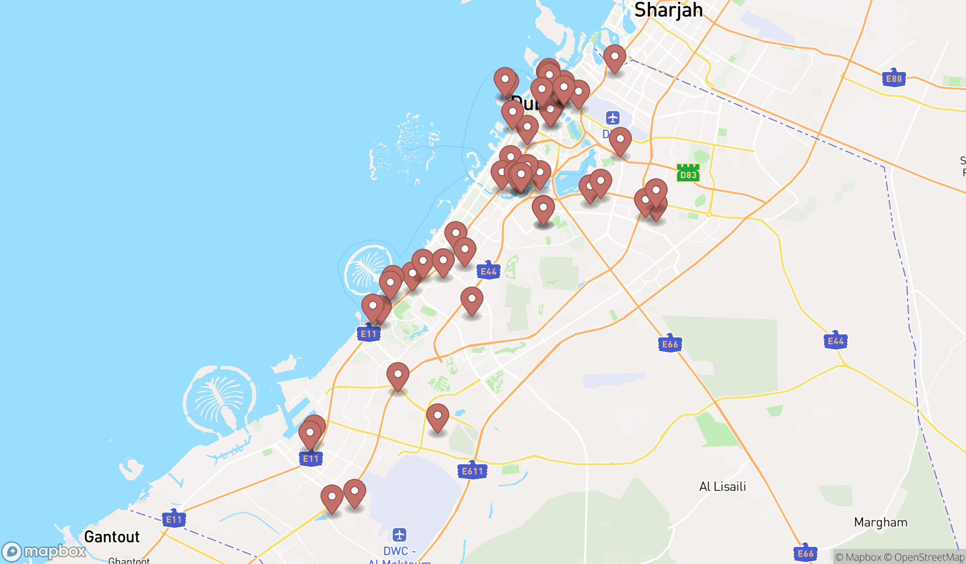 Map showing the search results in Dubai