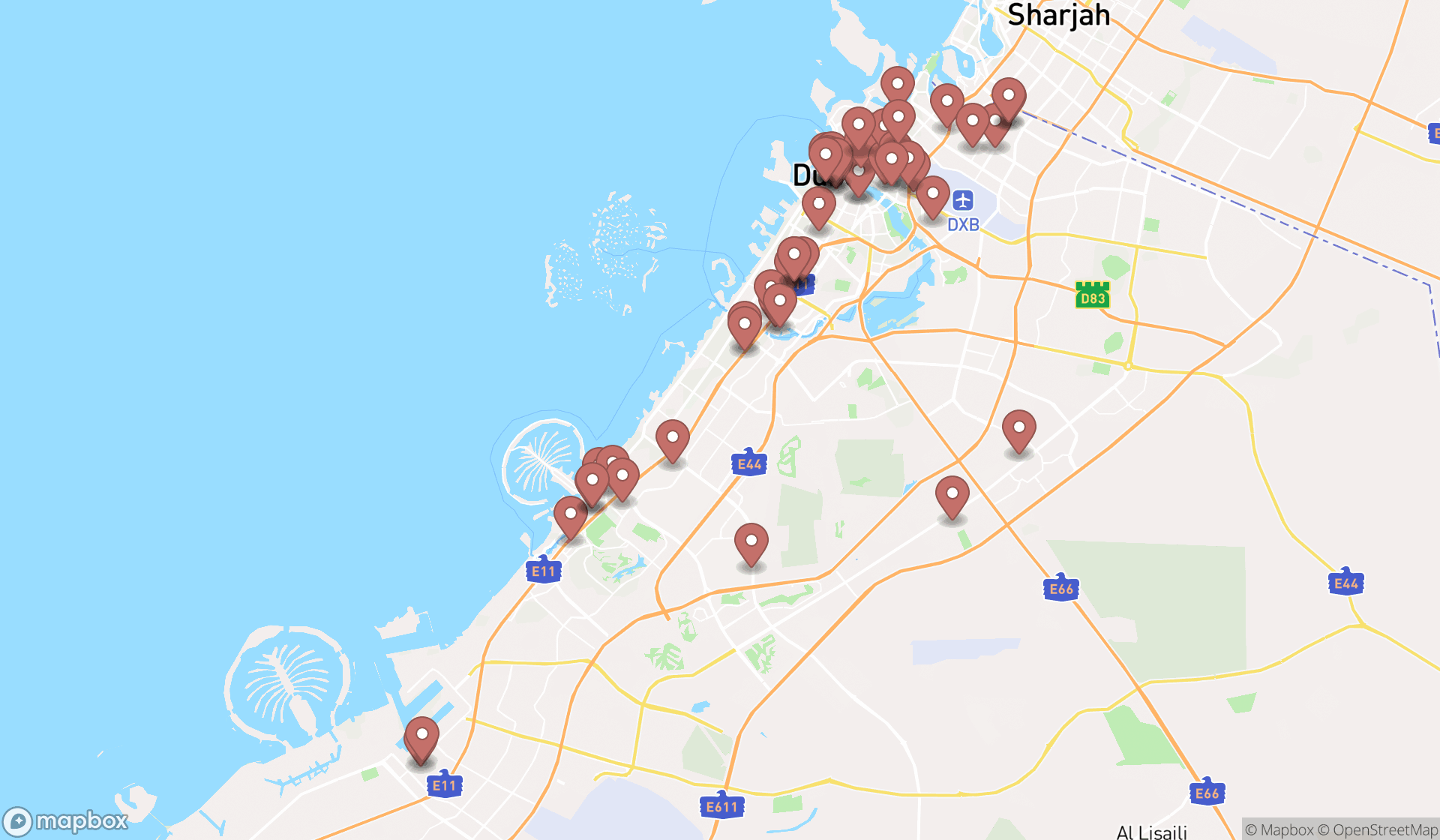 Map showing the search results in Dubai